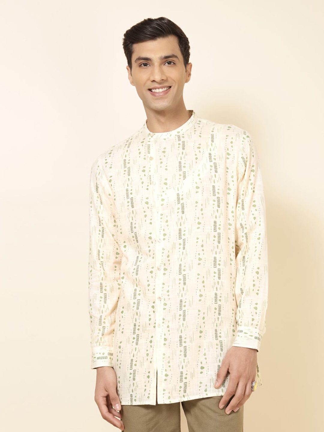 

Fabindia FabBasic Printed Mandarin Collar Straight Kurta, Cream