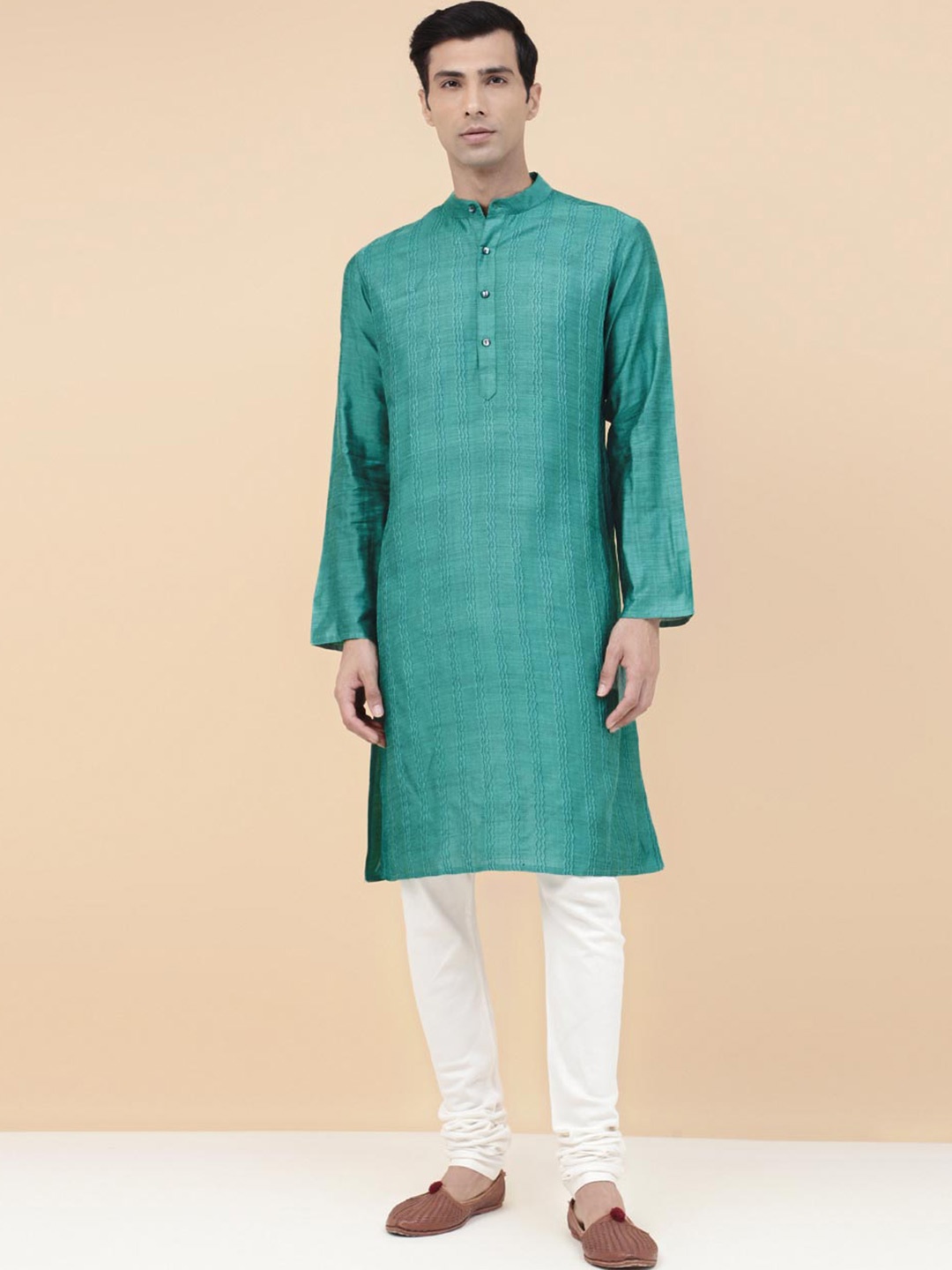 

Fabindia Embroidered Band Collar Slim Fit Straight Kurta, Teal