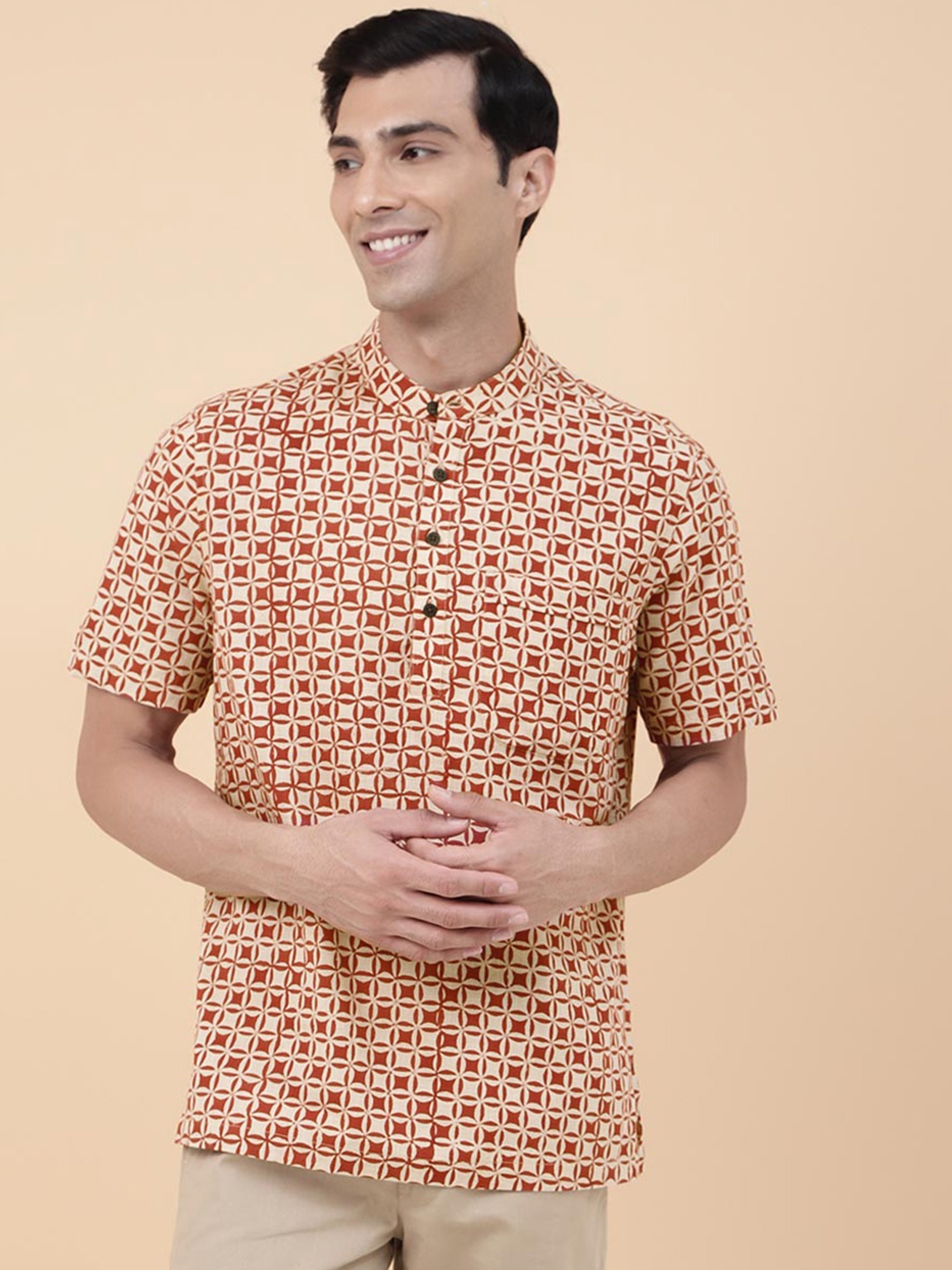 

Fabindia Cotton Bagru Printed Mid Placket Opaque Casual Shirt, Rust