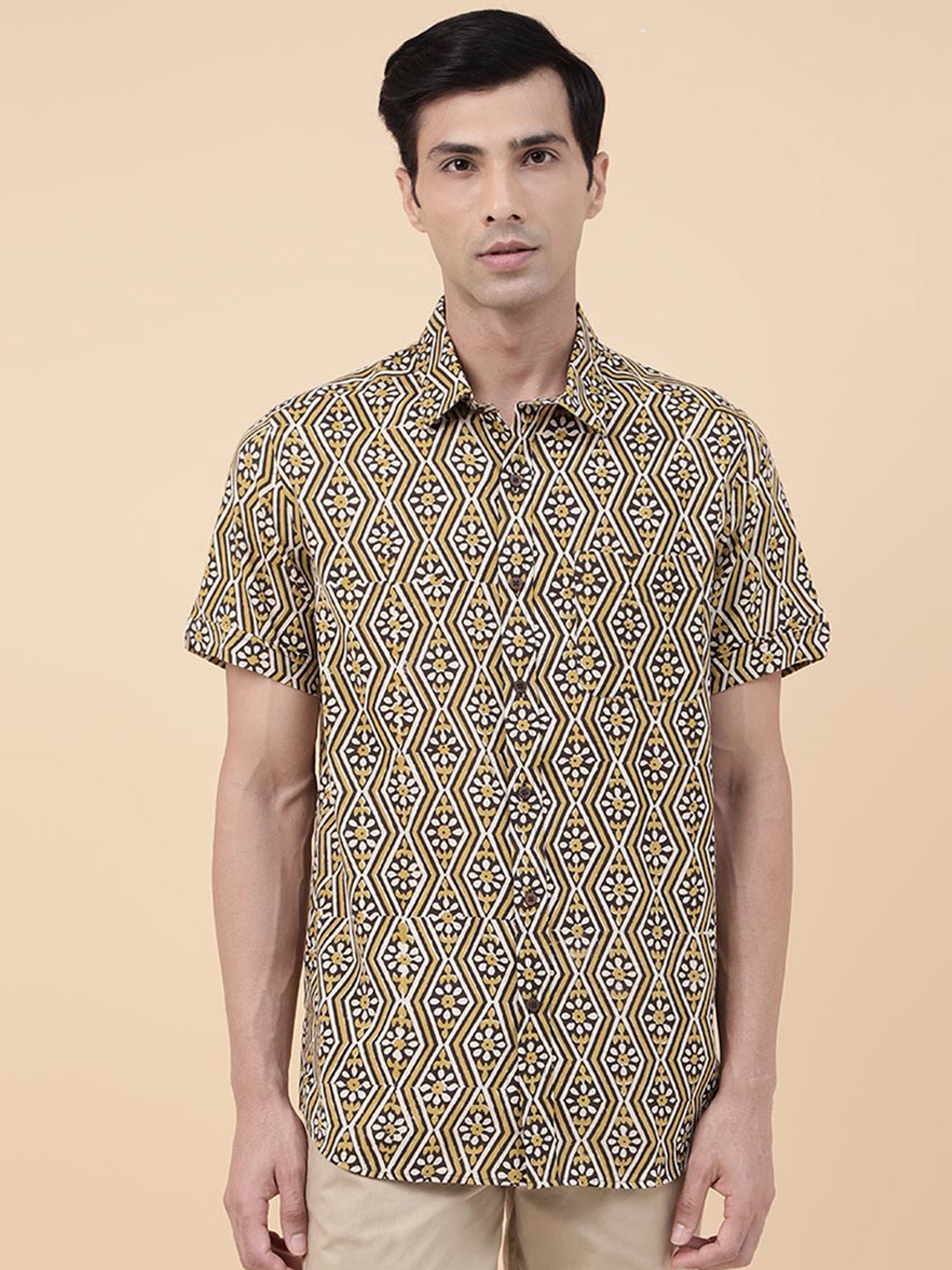 

Fabindia Printed Cotton Spread Collar Casual Shirt, Mustard