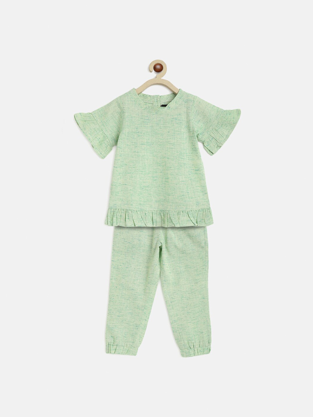 

charkhee Girls Flutter Sleeves Gathered Pure Cotton Top with Trousers, Green