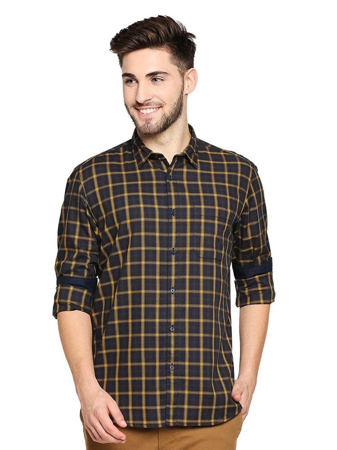 

Basics Slim Fit Opaque Checked Cotton Casual Shirt, Yellow