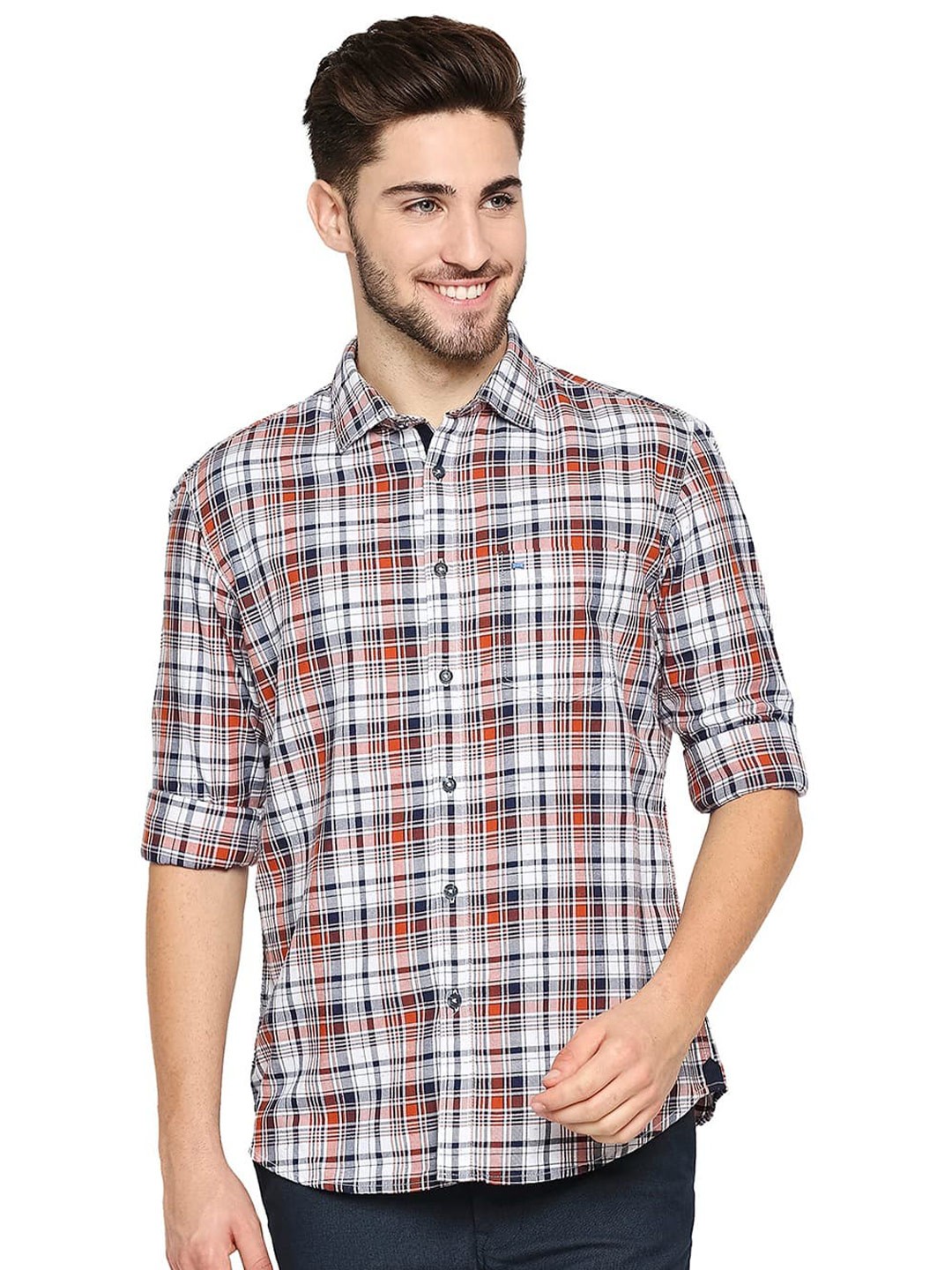 

Basics Slim Fit Tartan Checks Opaque Cotton Casual Shirt, Orange