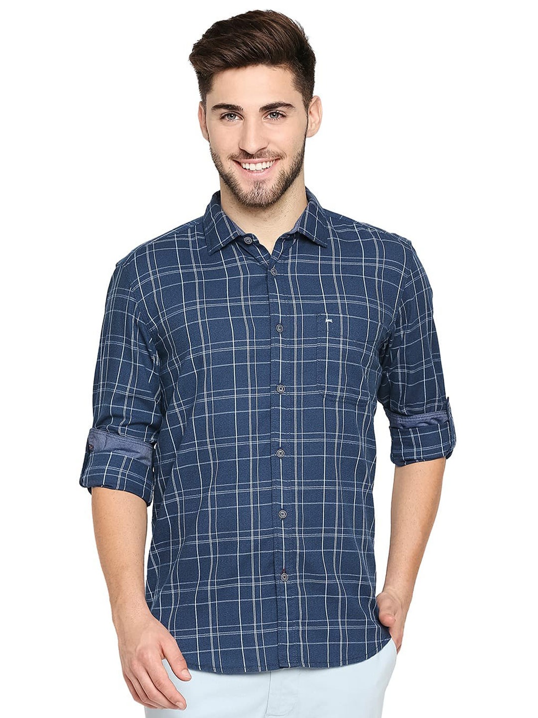 

Basics Slim Fit Checked Cotton Casual Shirt, Blue