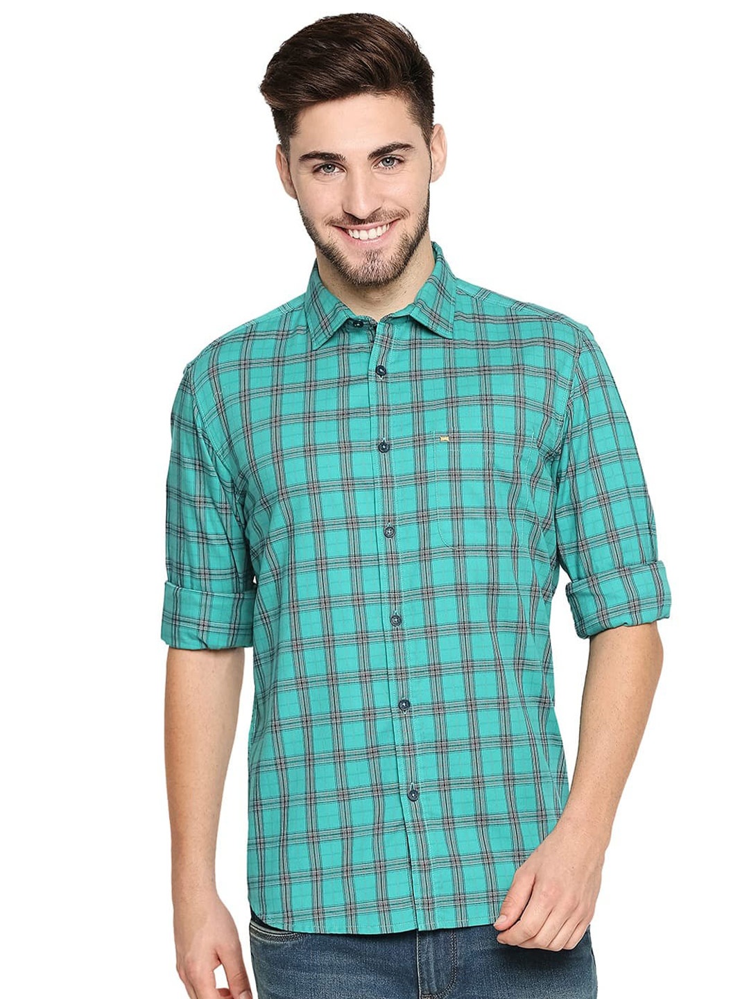 

Basics Slim Fit Checked Cotton Casual Shirt, Green