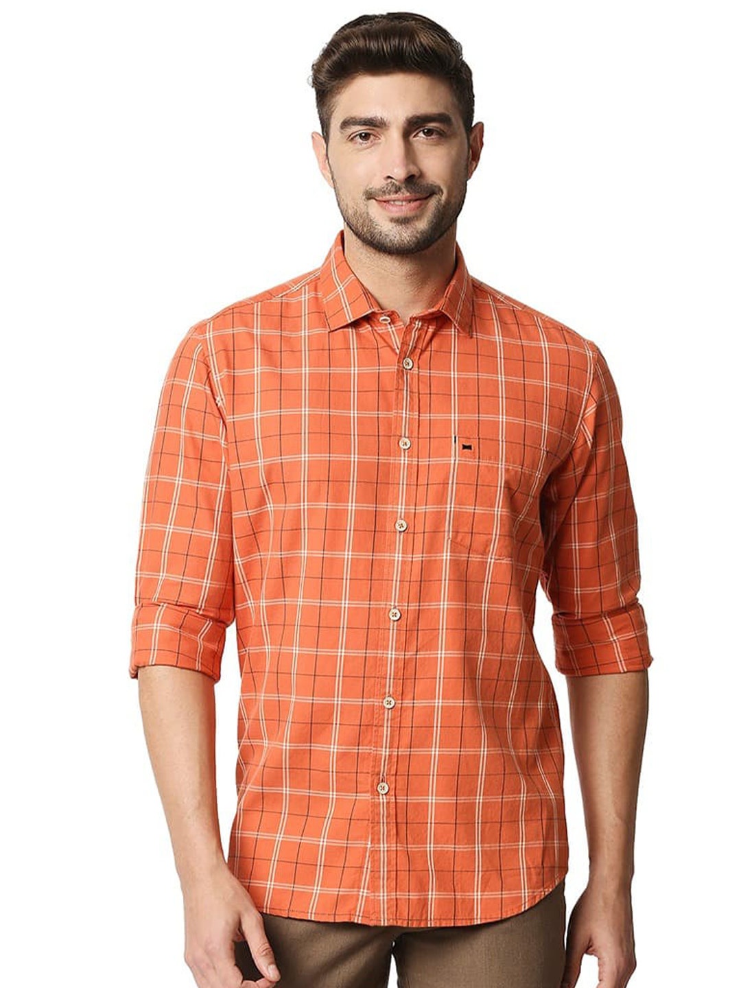 

Basics Slim Fit Checked Spread Collar Long Sleeves Casual Shirt, Orange