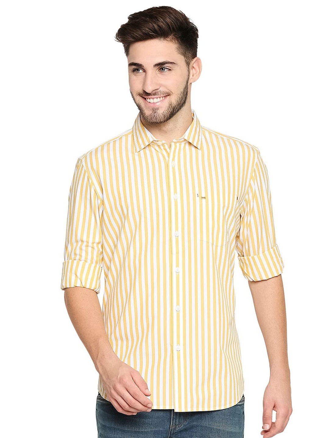 

Basics Spread Collar Slim Fit Opaque Striped Casual Shirt, Yellow