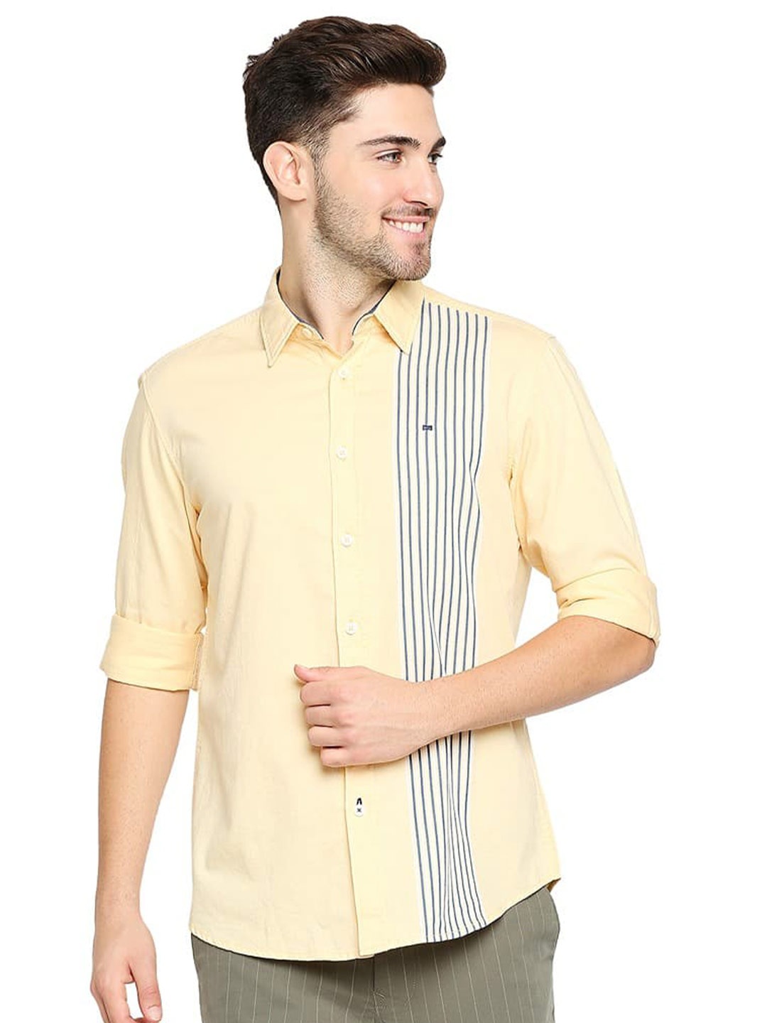 

Basics Striped Cotton Spread Collar Slim Fit Curved Casual Shirt, Yellow