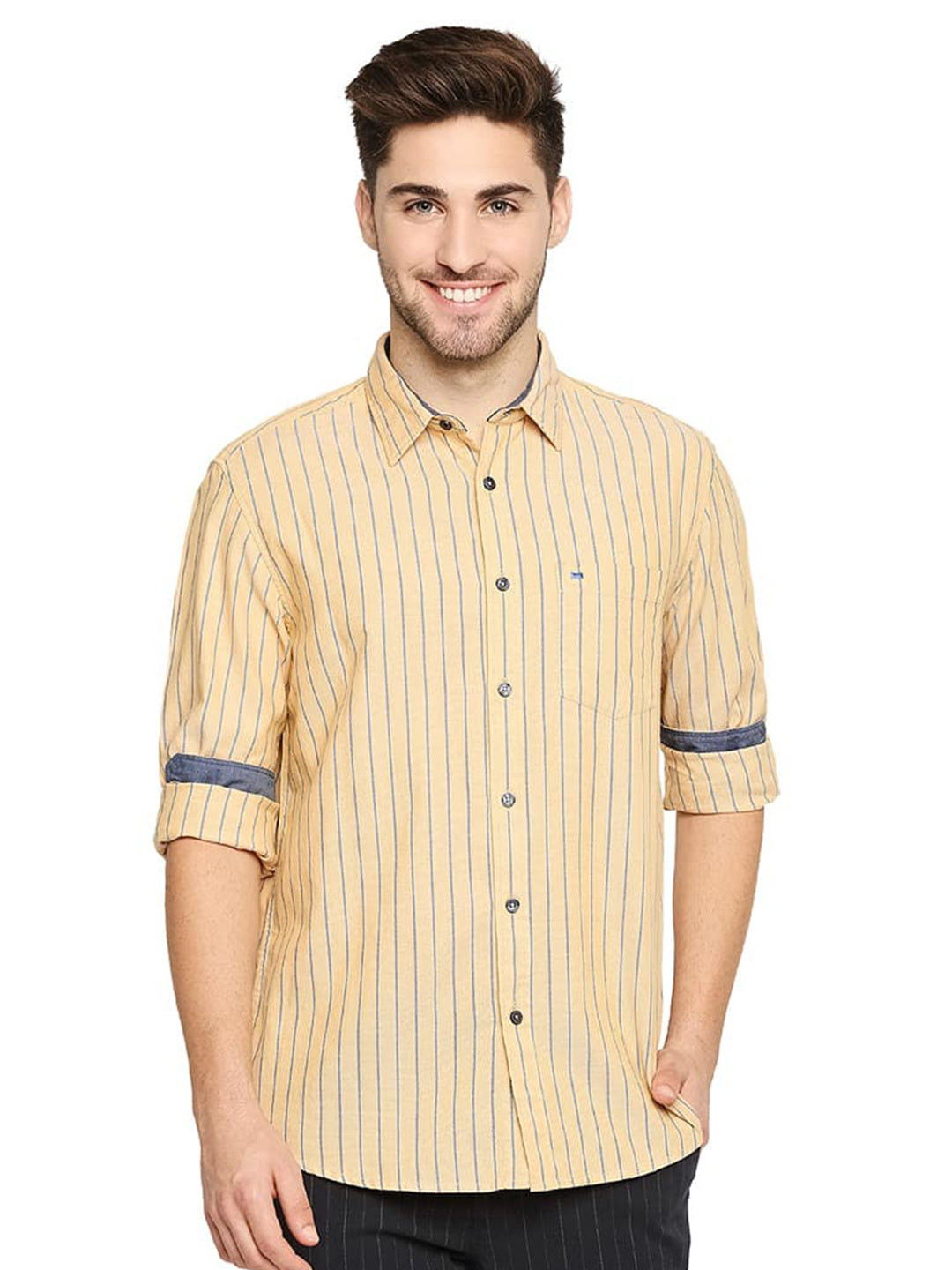 

Basics Spread Collar Slim Fit Opaque Striped Casual Shirt, Yellow