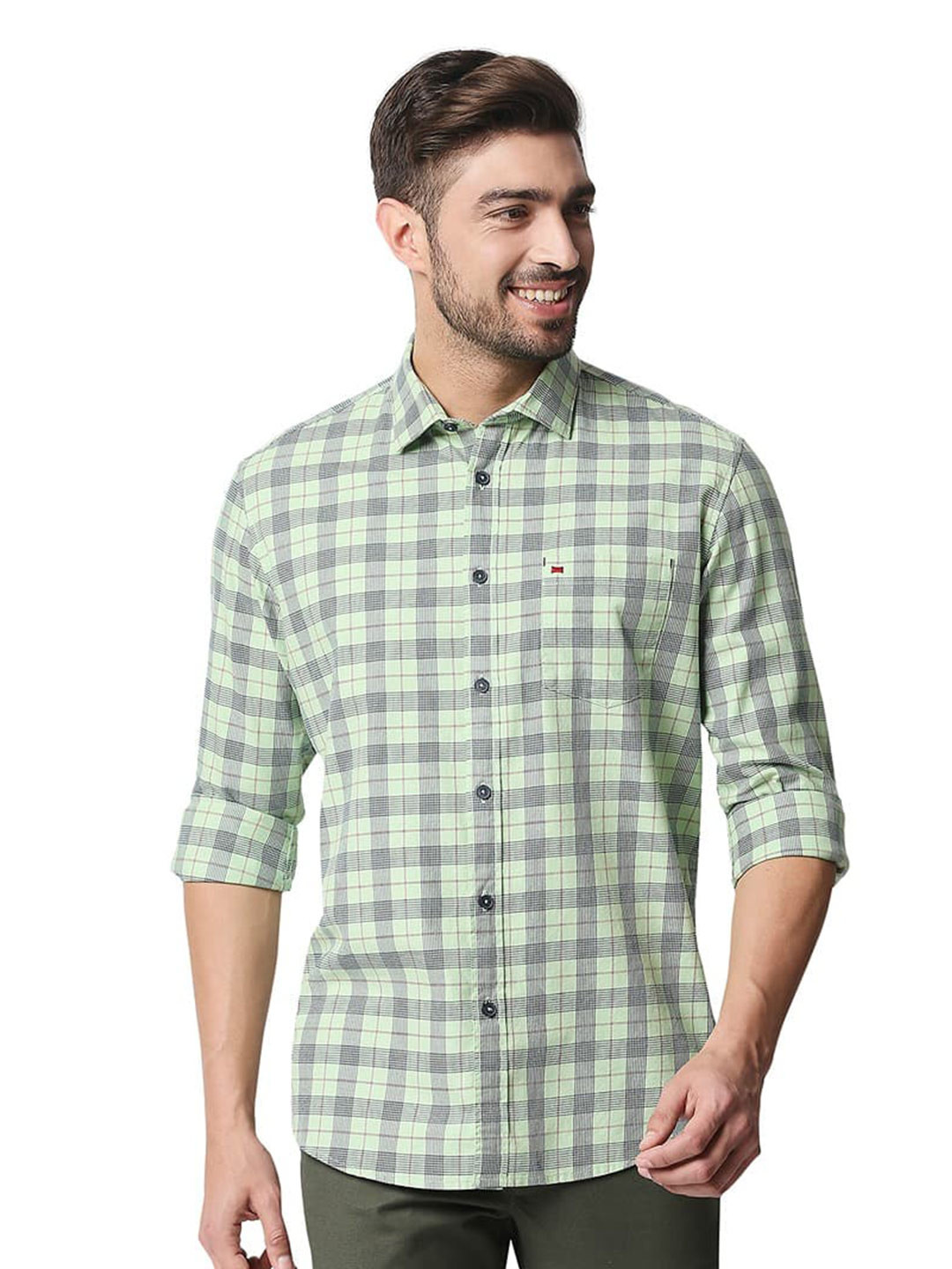 

Basics Slim Fit Tartan Checked Cotton Twill Casual Shirt, Green