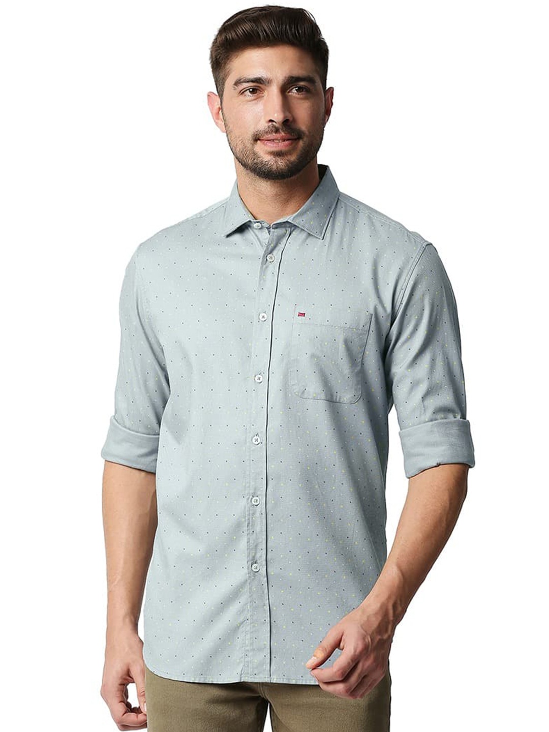 

Basics Slim Fit Opaque Micro Ditsy Printed Cotton Casual Shirt, Grey