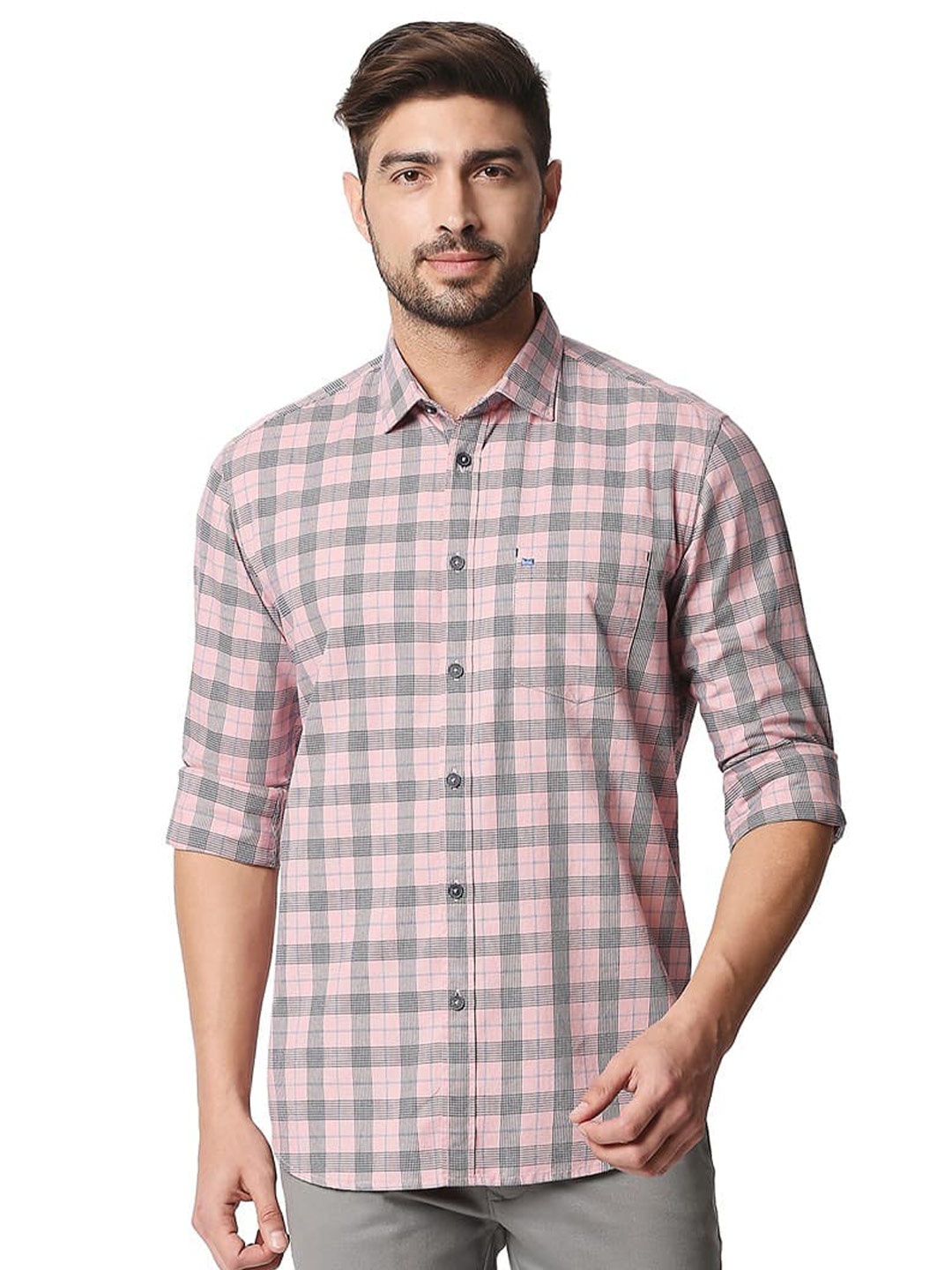 

Basics Slim Fit Spread Collar Long Sleeves Opaque Checked Casual Shirt, Pink