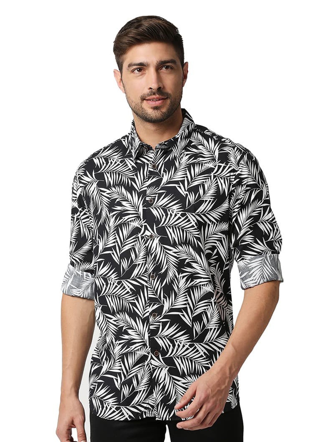 

Basics Slim Fit Printed Cotton Casual Shirt, Black