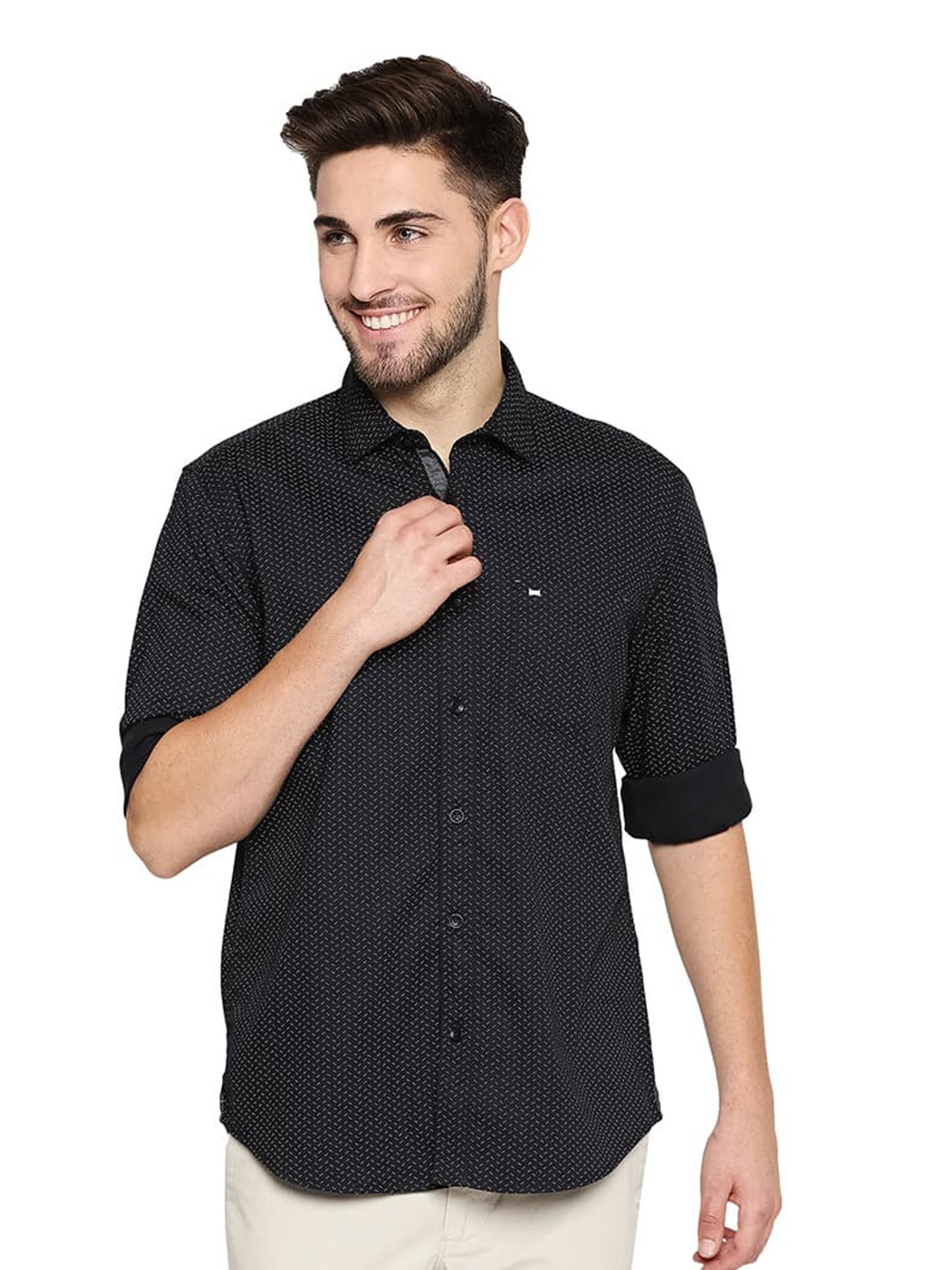 

Basics Slim Fit Micro Ditsy Opaque Cotton Casual Shirt, Black