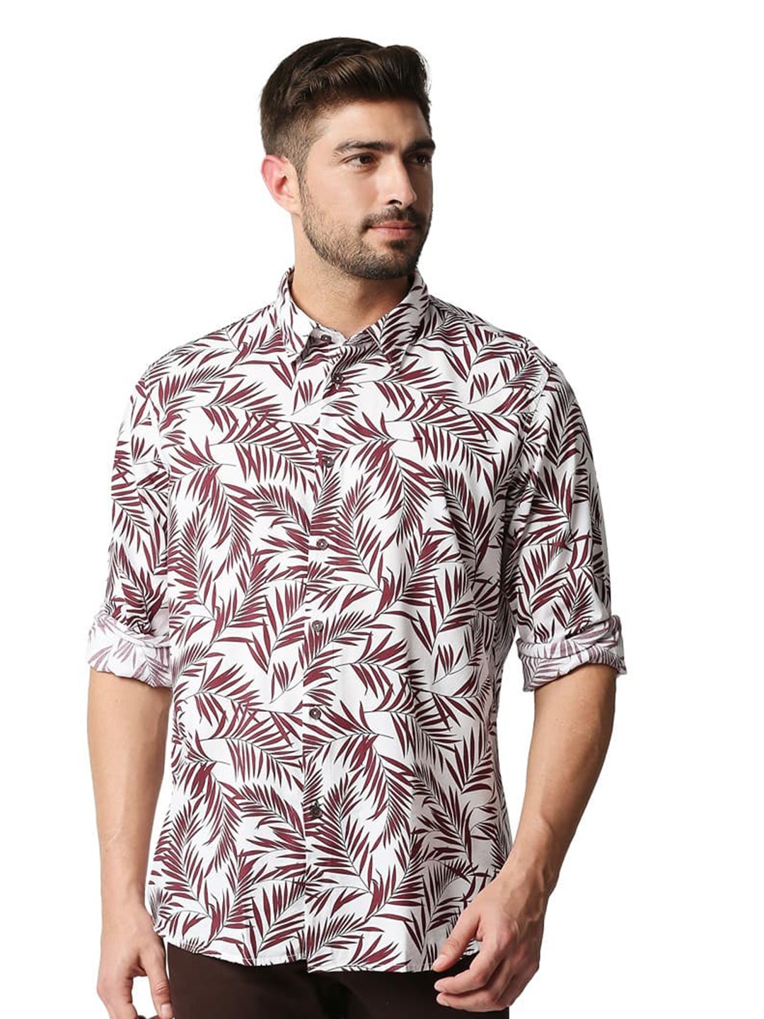 

Basics Slim Fit Floral Printed Cotton Casual Shirt, Maroon