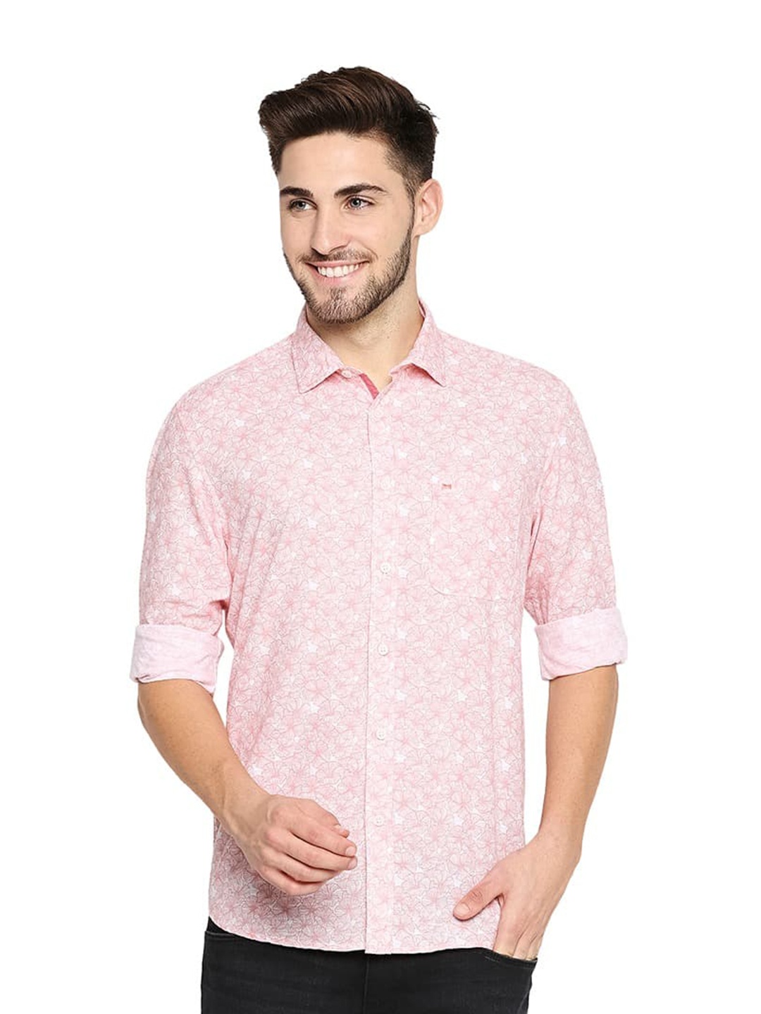 

Basics Slim Fit Floral Printed Cotton Casual Shirt, Pink