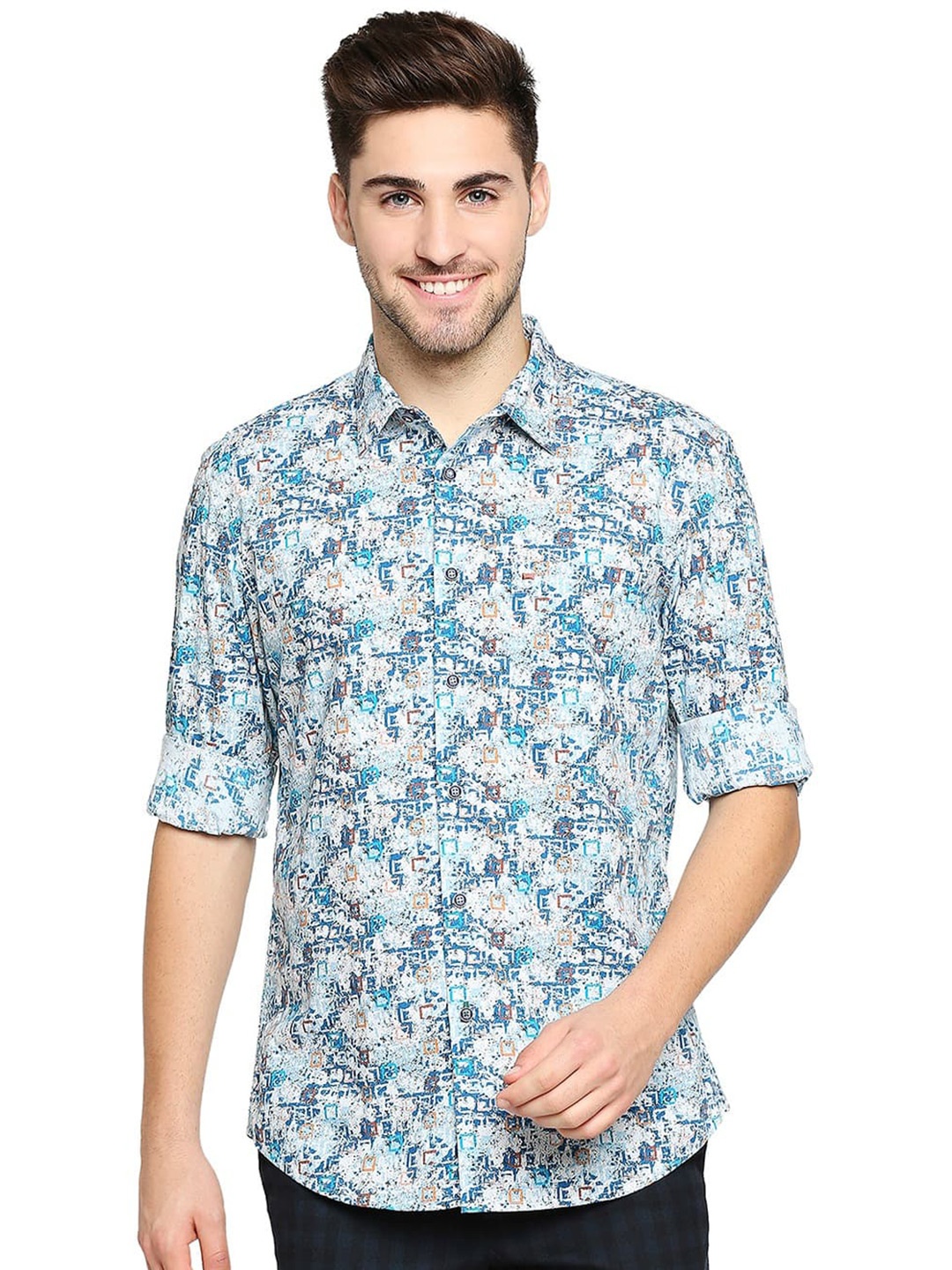

Basics Slim Fit Floral Opaque Printed Cotton Casual Shirt, Blue