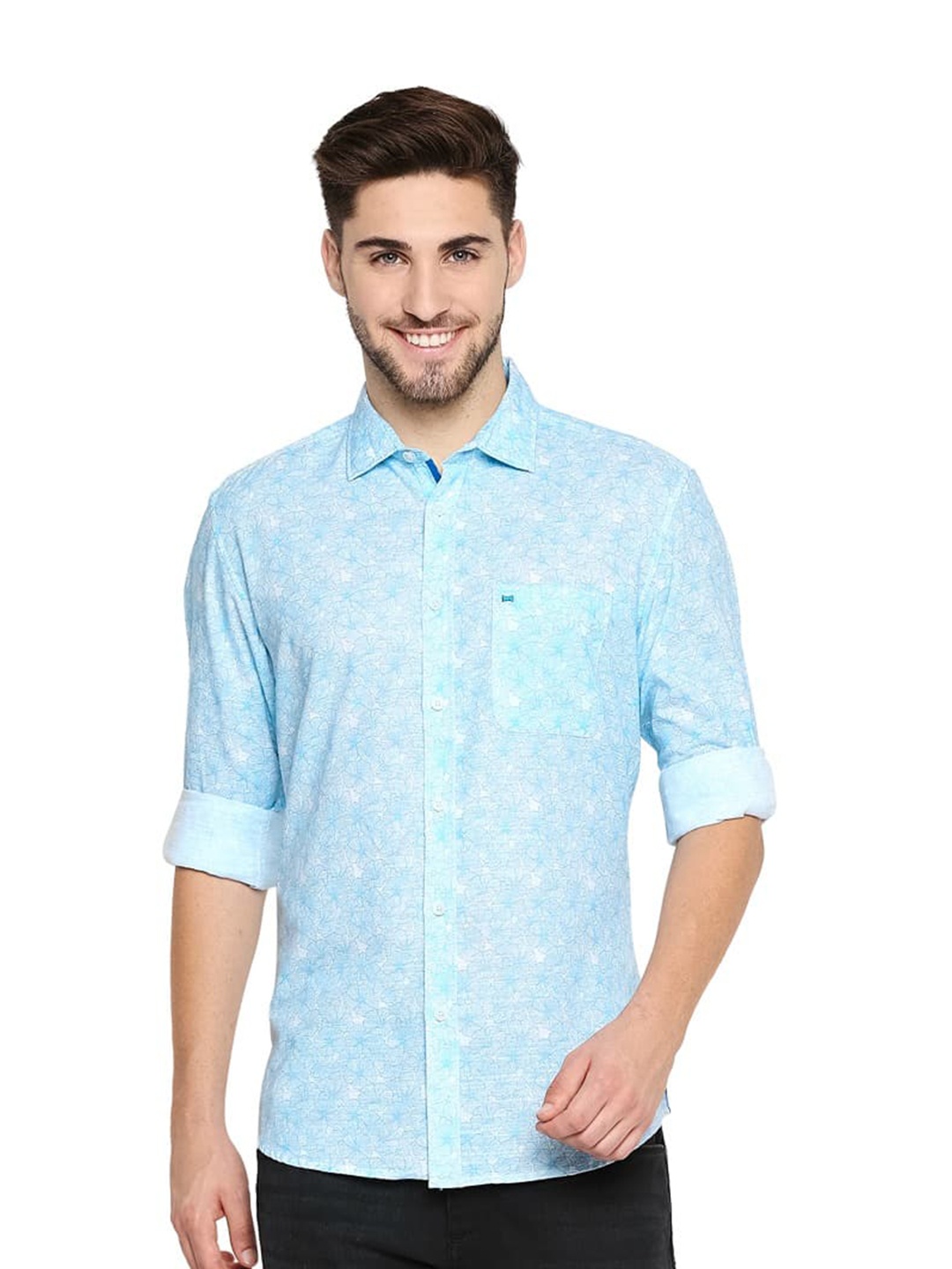 

Basics Floral Printed Slim Fit Cotton Casual Shirt, Blue