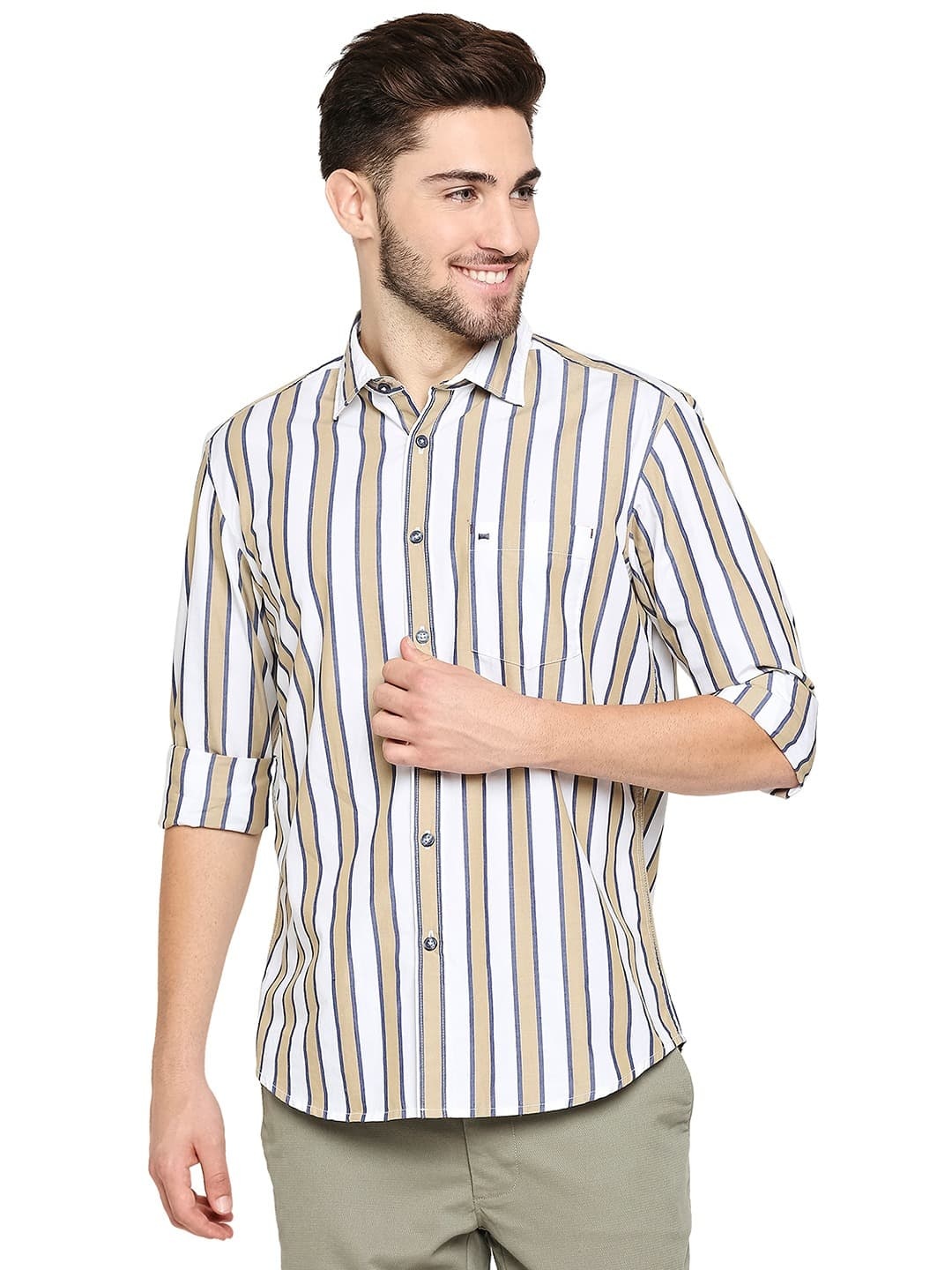 

Basics Spread Collar Slim Fit Opaque Striped Casual Shirt, Green