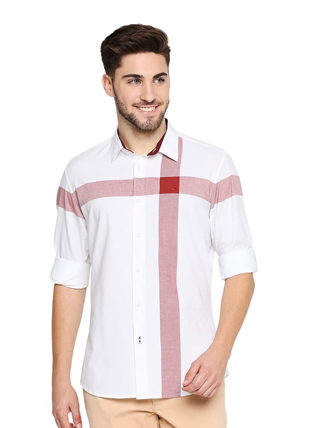 

Basics Spread Collar Cotton Slim Fit Opaque Casual Shirt, Red