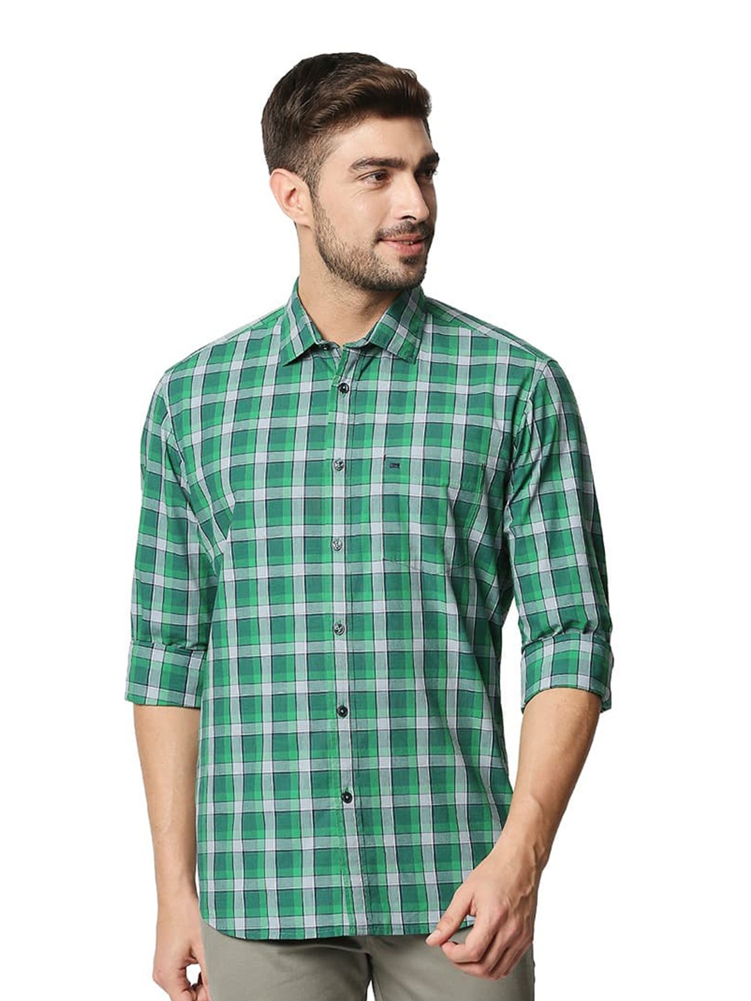 

Basics Slim Fit Cotton Opaque Checked Casual Shirt, Green