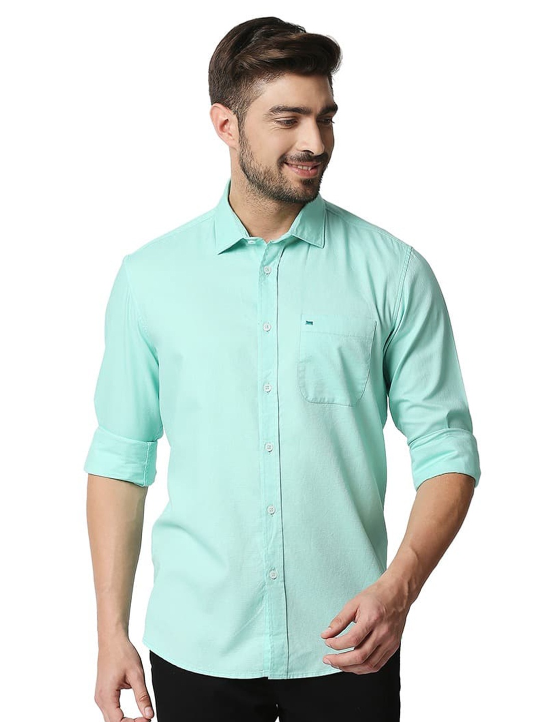 

Basics Spread Collar Cotton Slim Fit Opaque Casual Shirt, Green