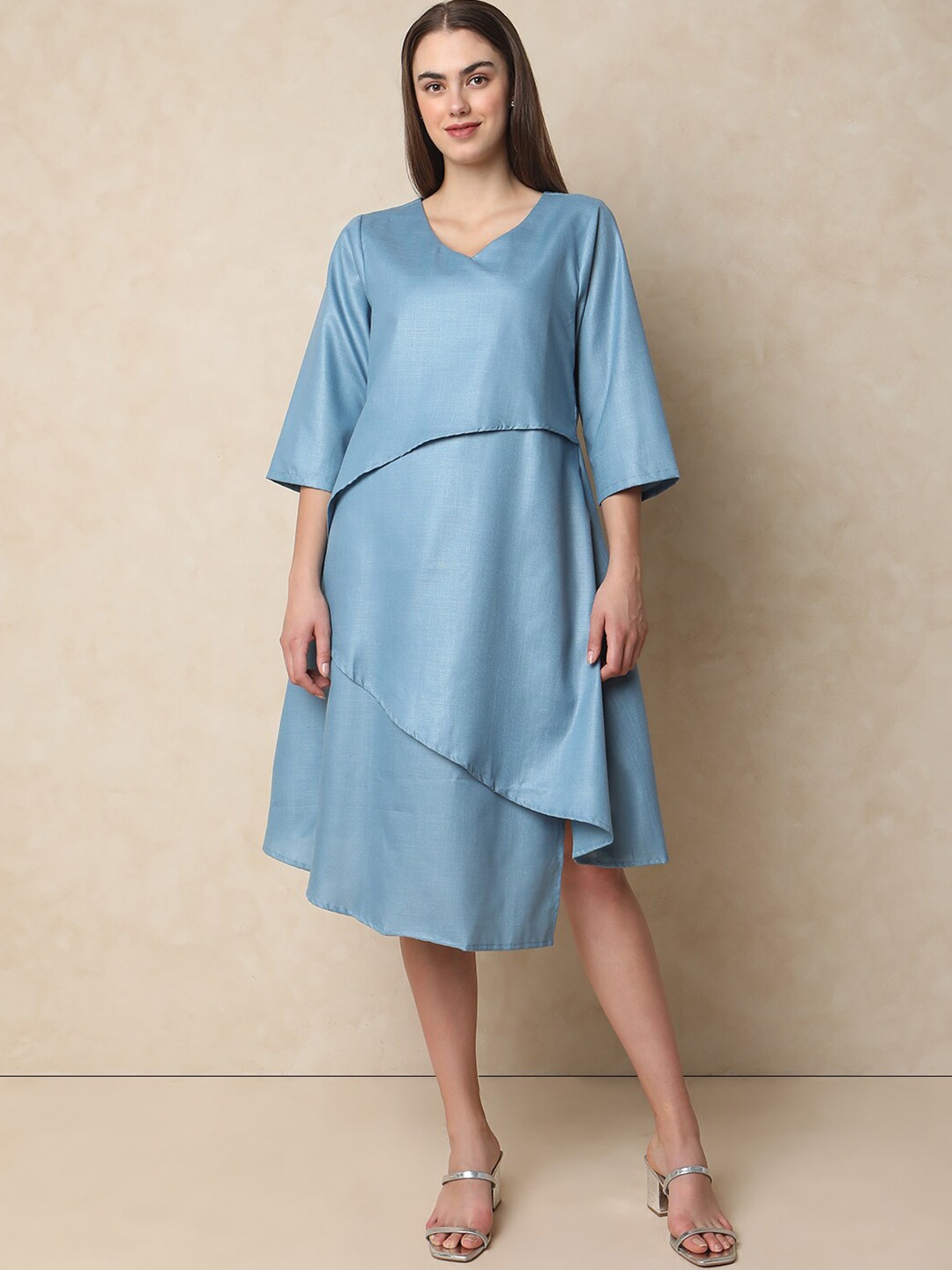 

Indifusion V-Neck Layered A-Line Dress, Blue