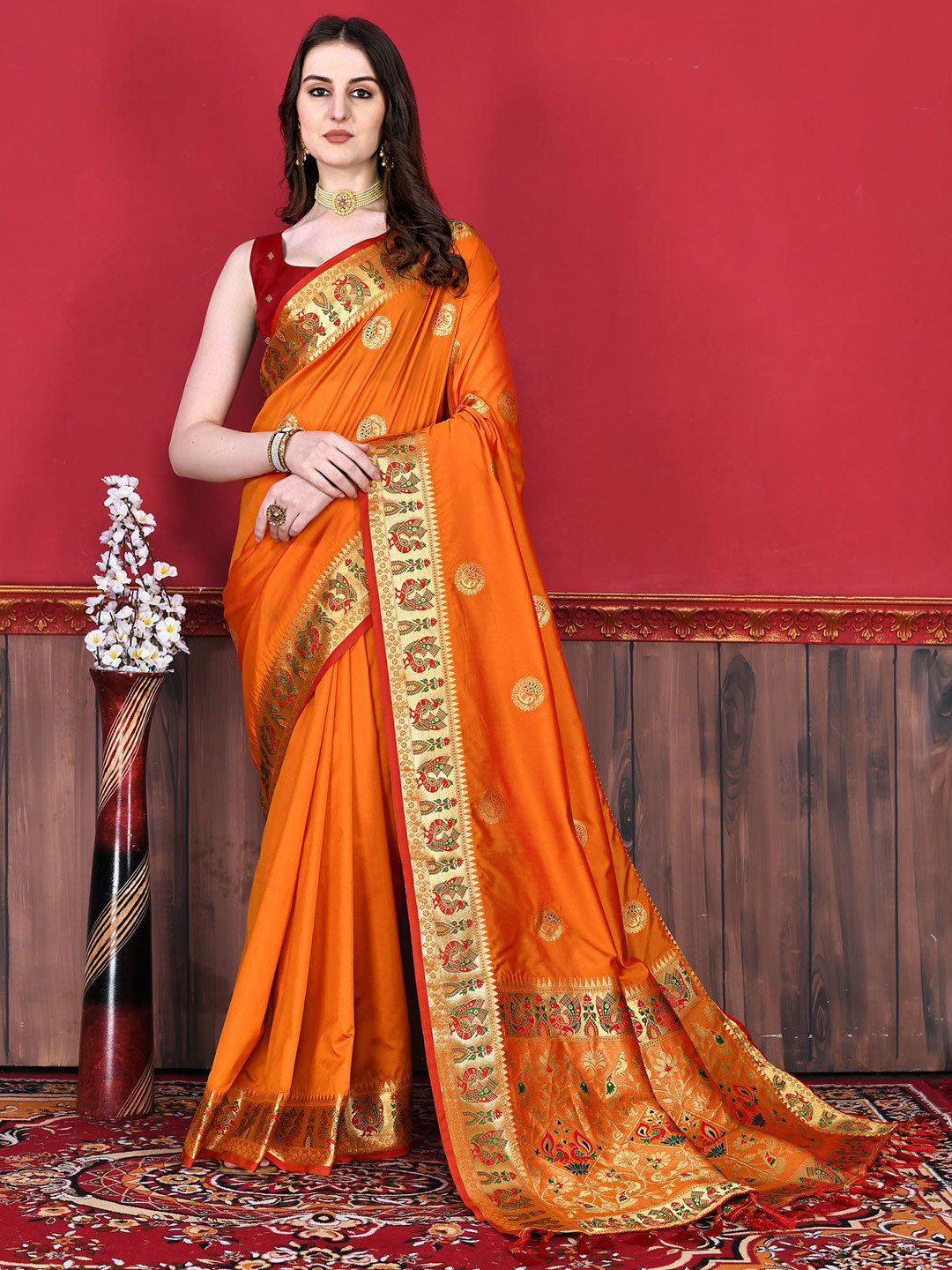 

PHEASANT Woven Design Zari Saree, Orange
