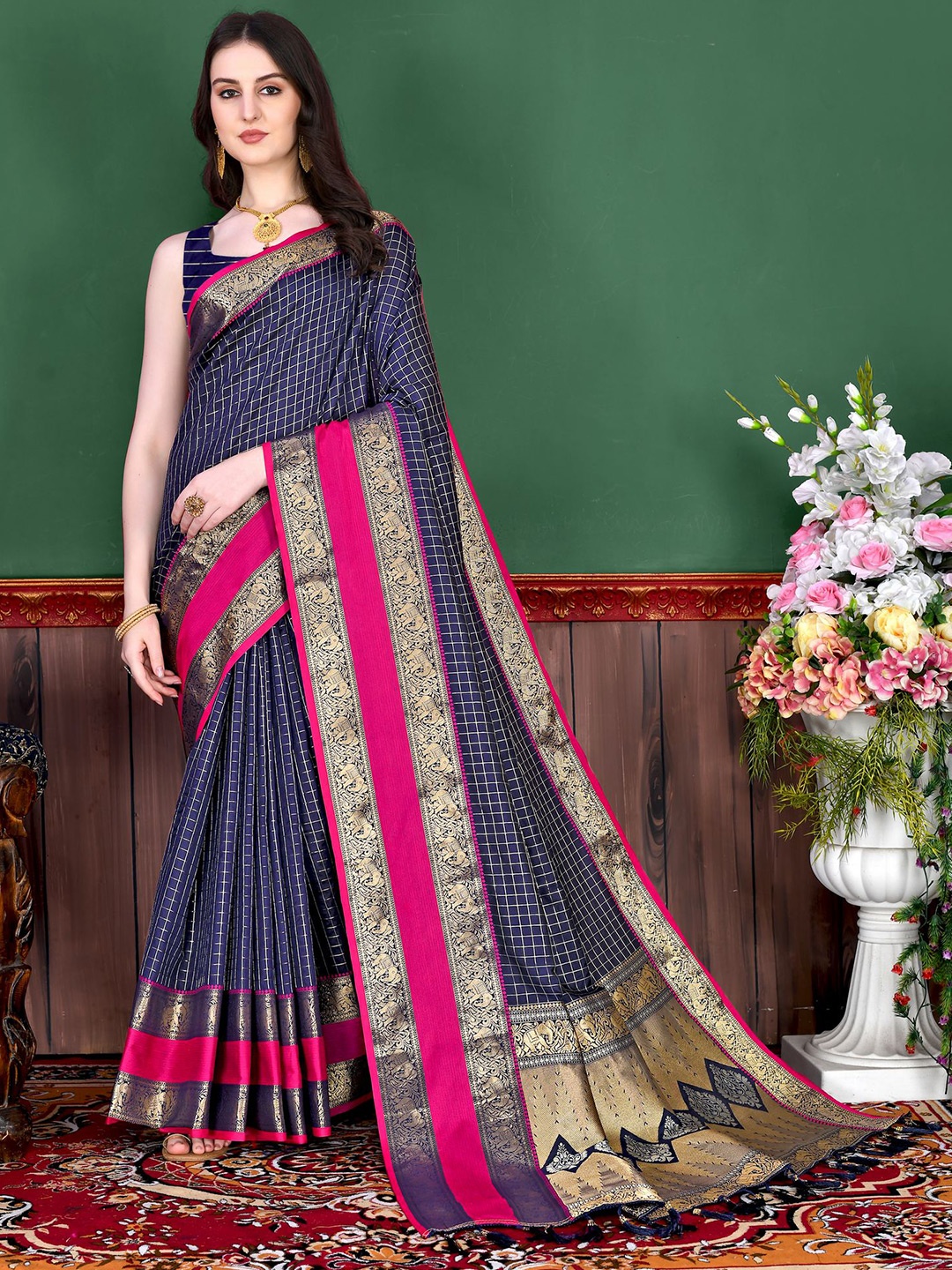 

PHEASANT Woven Design Zari Saree, Navy blue