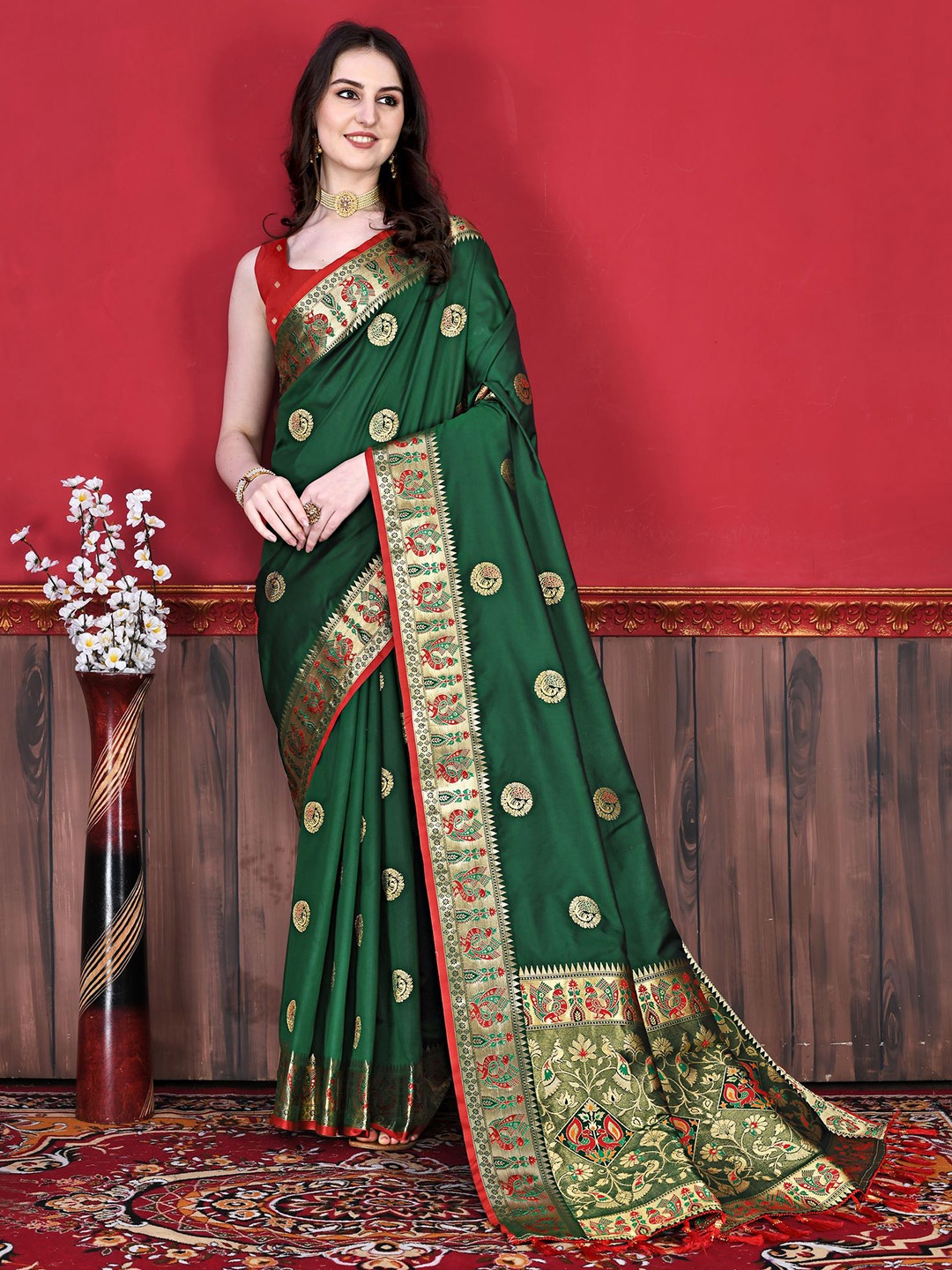 

PHEASANT Woven Design Zari Saree, Green