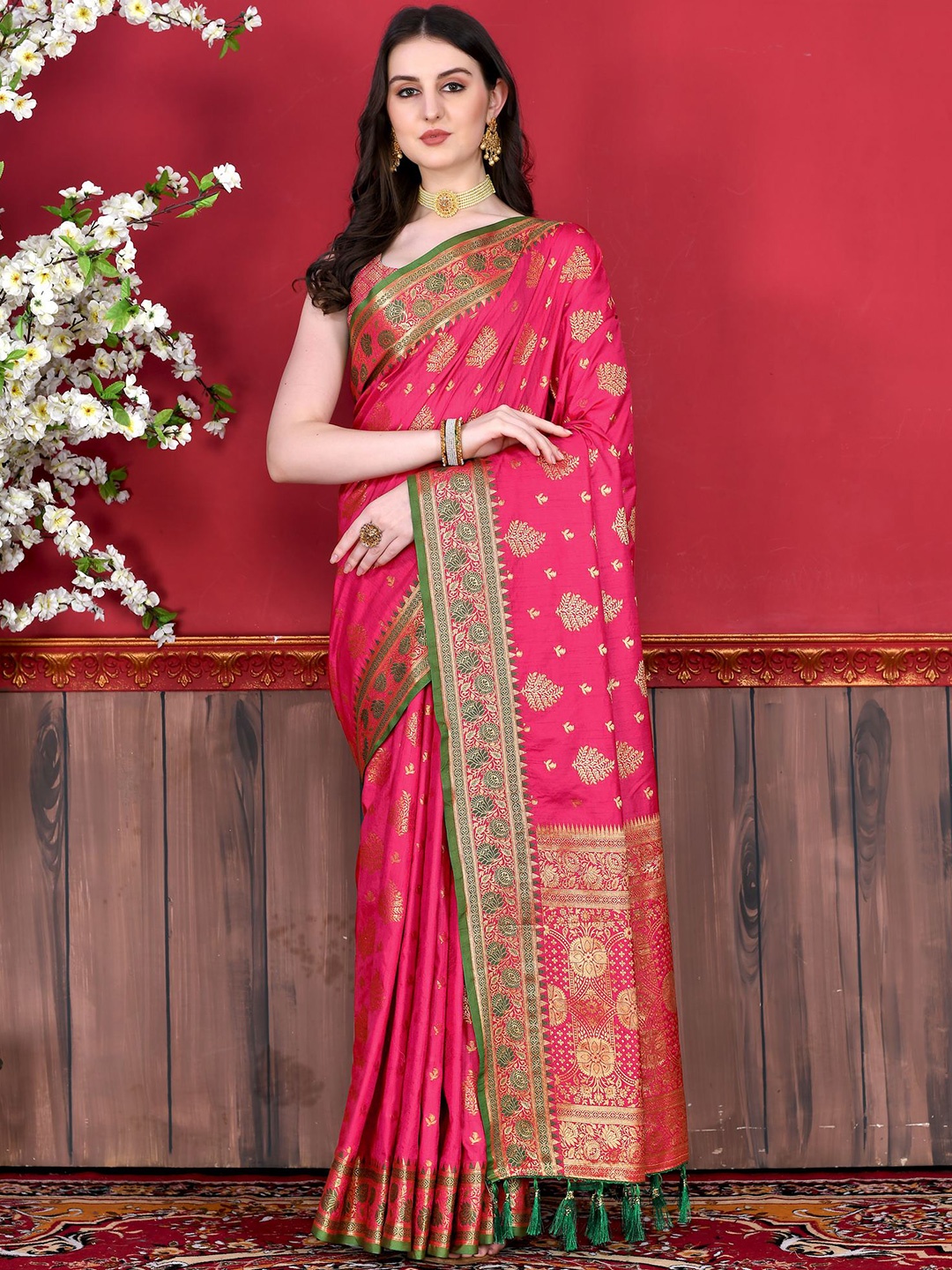 

PHEASANT Woven Design Zari Saree, Pink