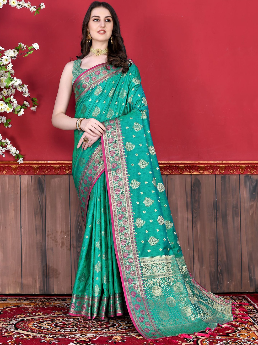 

PHEASANT Woven Design Zari Saree, Sea green