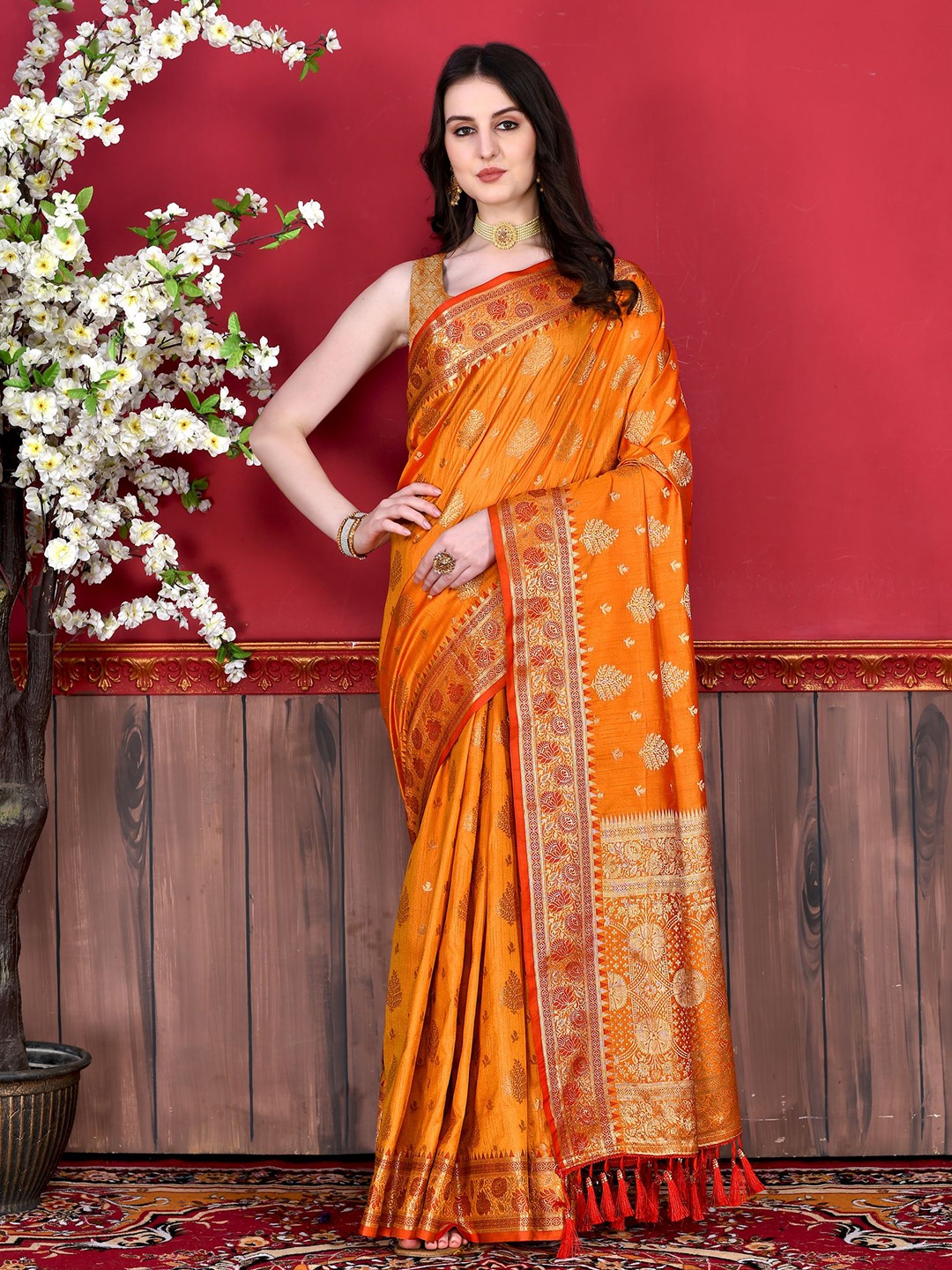 

PHEASANT Woven Design Zari Saree, Orange