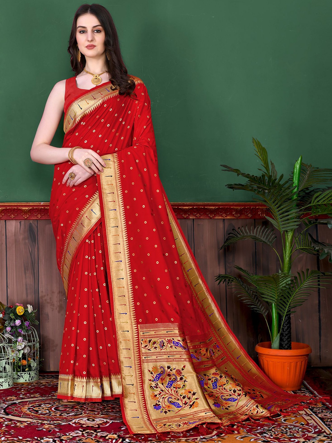 

PHEASANT Woven Design Zari Pure Silk Saree, Red