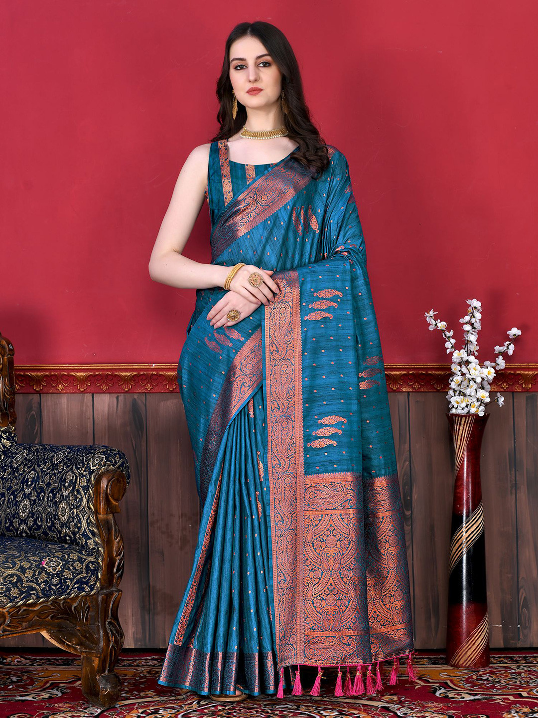 

PHEASANT Woven Design Zari Saree, Blue