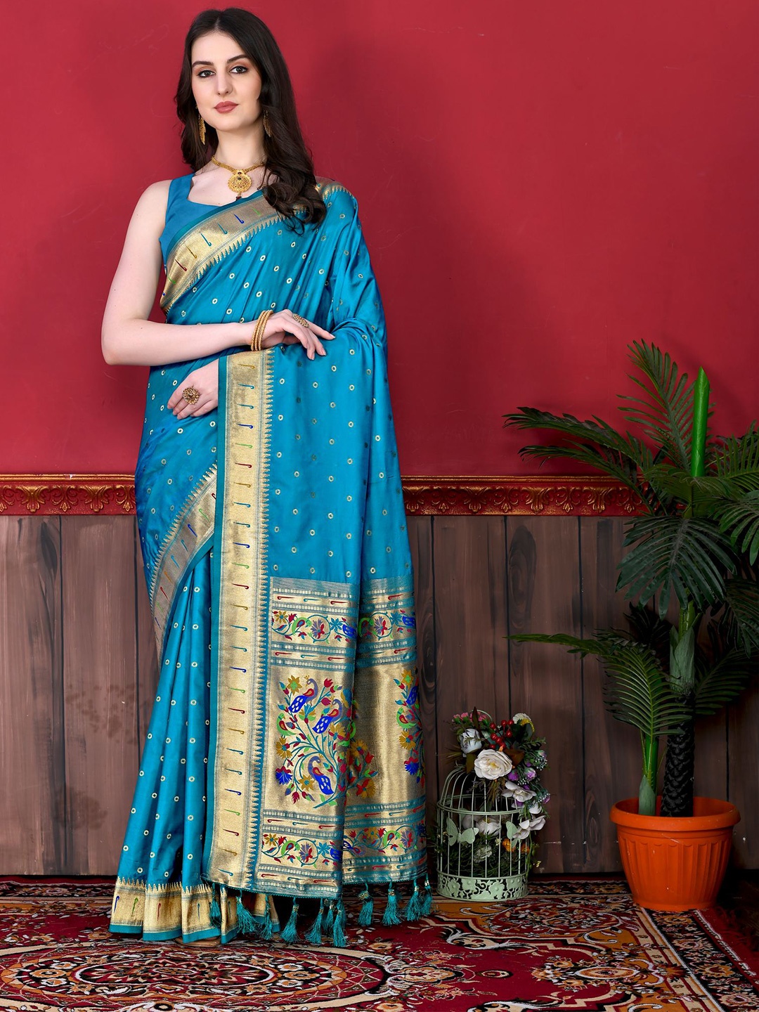 

PHEASANT Ethnic Motifs Zari Pure Silk Saree, Blue