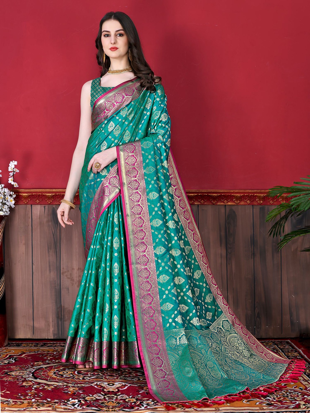 

PHEASANT Woven Design Zari Saree, Sea green