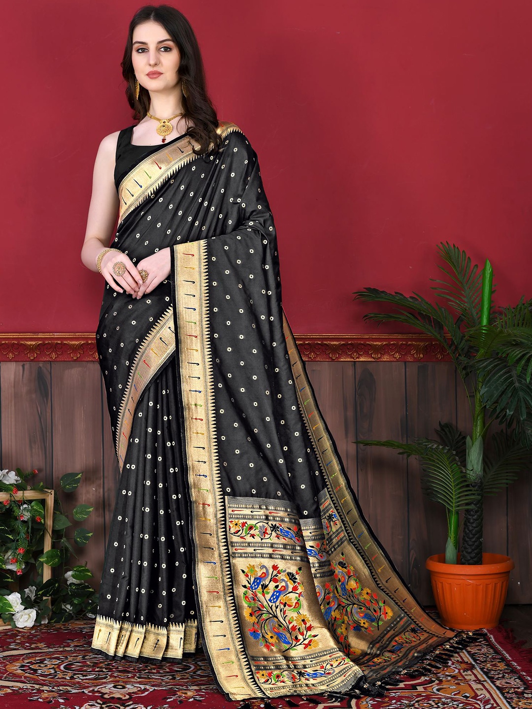 

PHEASANT Ethnic Motifs Woven Design Zari Pure Silk Paithani Saree, Black