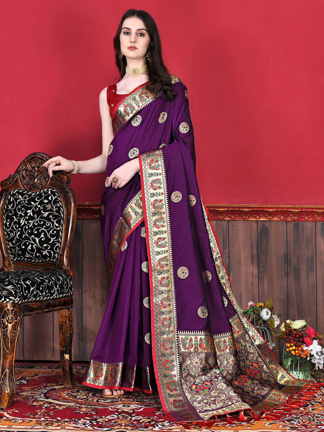 

PHEASANT Ethnic Motifs Woven Design Zari Paithani Saree, Purple