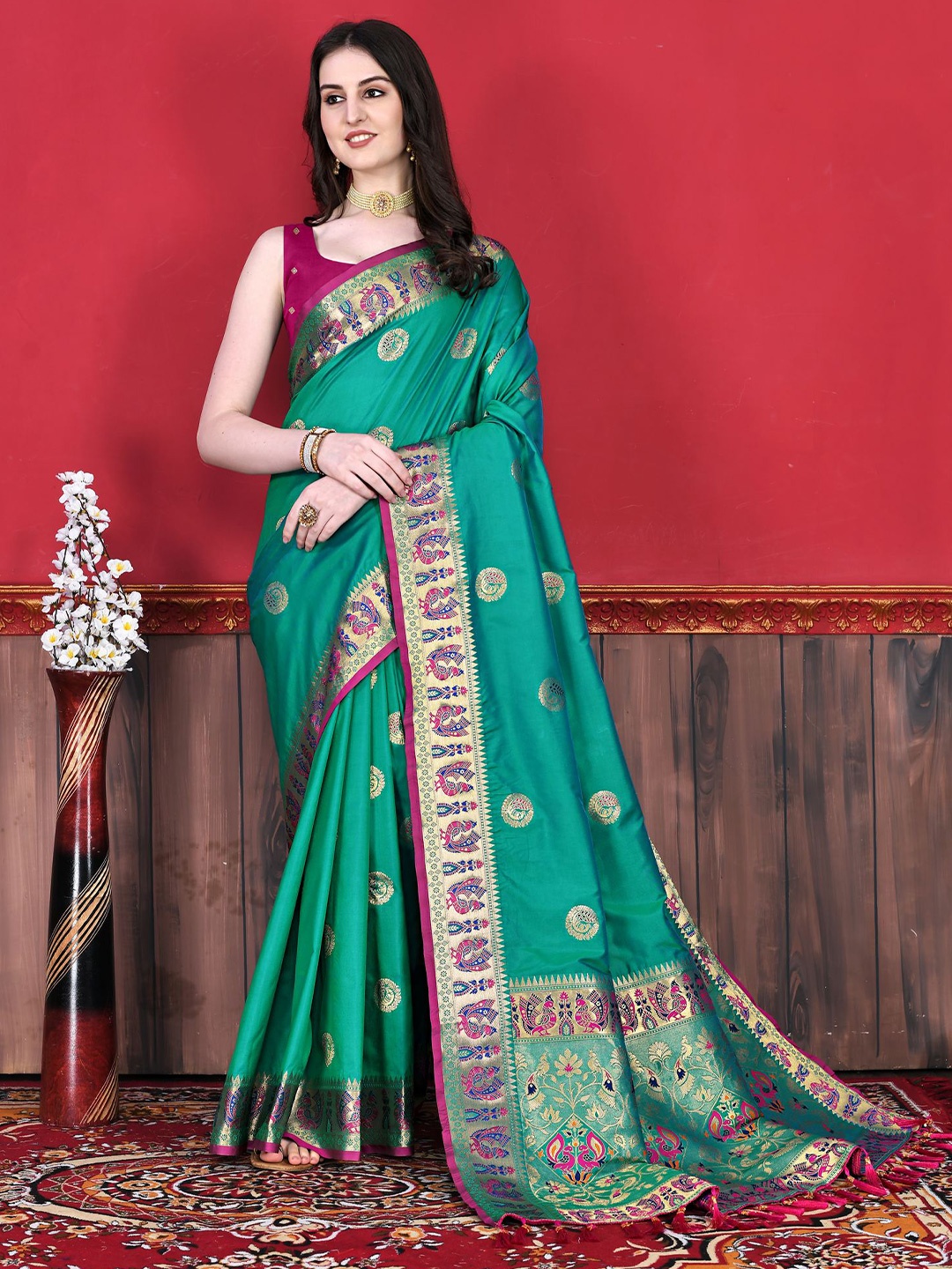 

PHEASANT Ethnic Motifs Zari Paithani Saree, Sea green