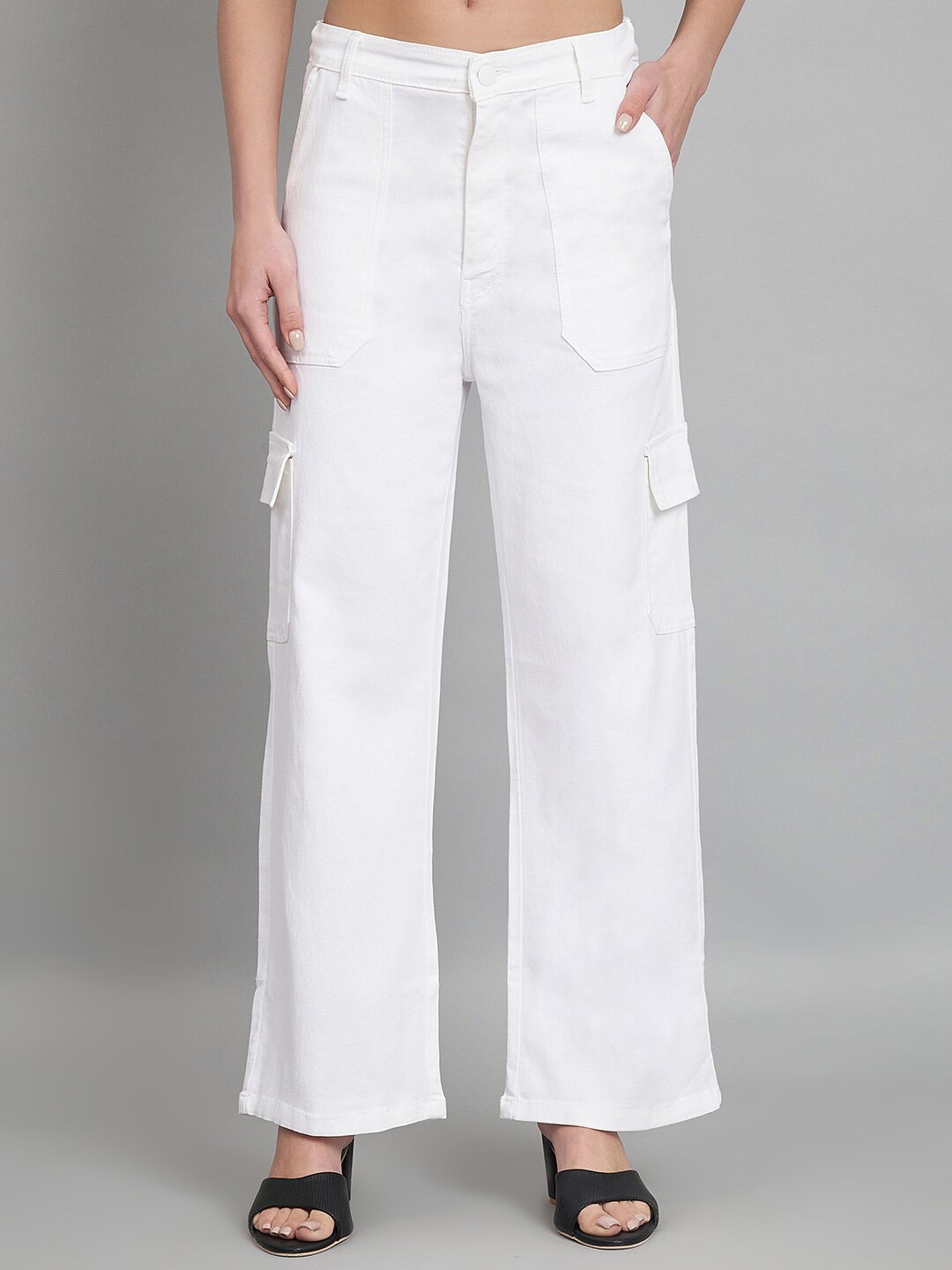 

BAESD Women White Jean Relaxed Fit High-Rise Clean Look Cotton Cargo Jeans