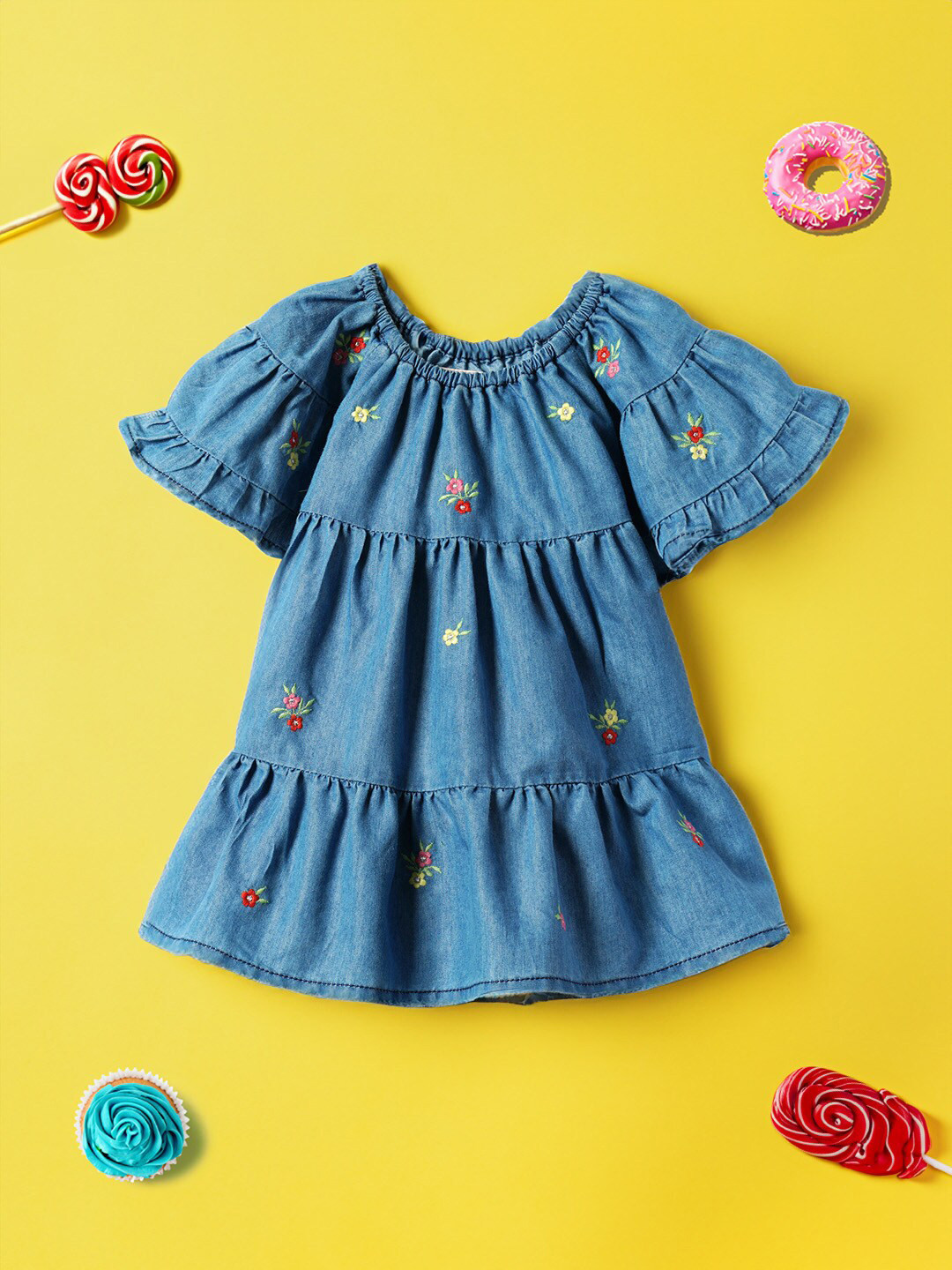 

Nauti Nati Girls Floral Embroidered Pure Cotton A-Line Dress, Blue