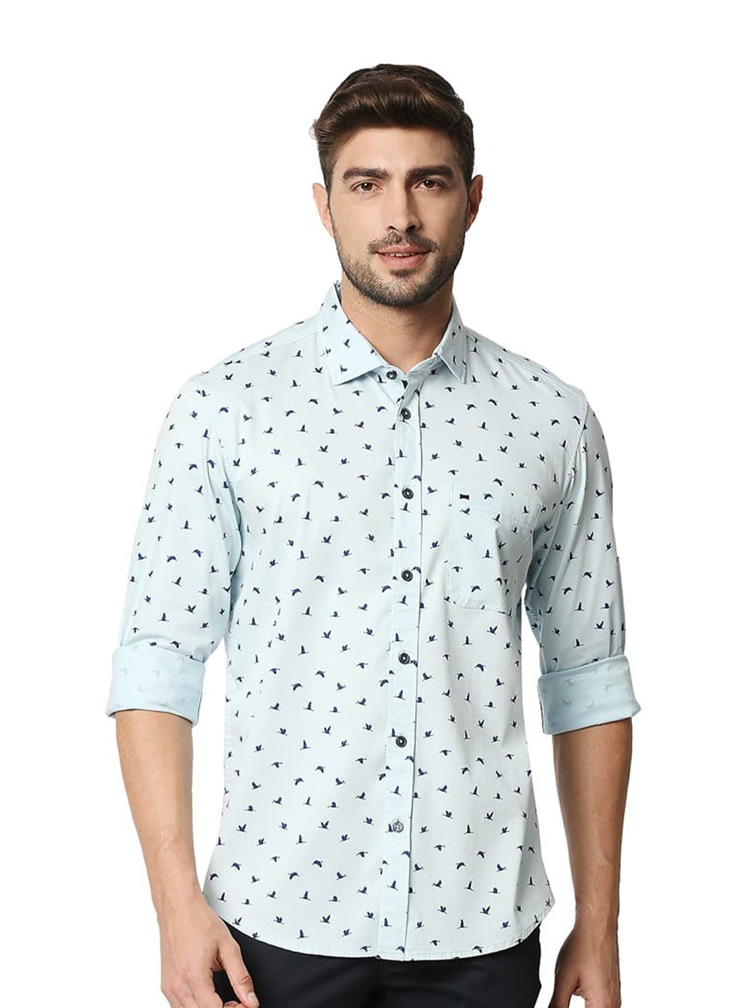 

Basics Slim Fit Abstract Printed Cotton Casual Shirt, Blue