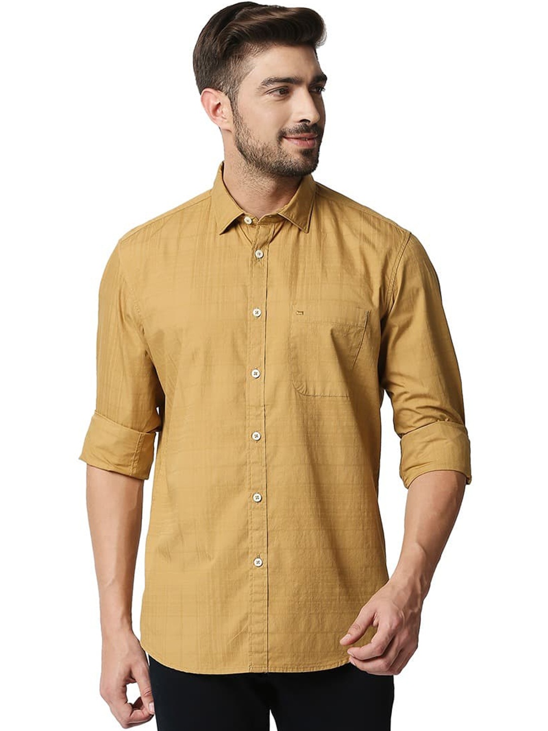 

Basics Slim Fit Checked Cotton Casual Shirt, Khaki