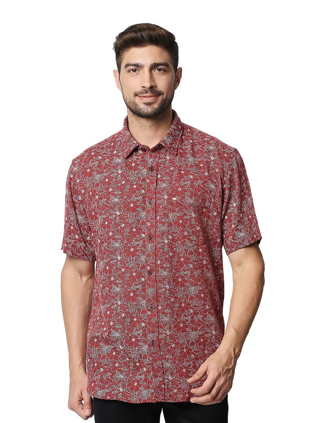 

Basics Slim Fit Opaque Printed Cotton Casual Shirt, Maroon