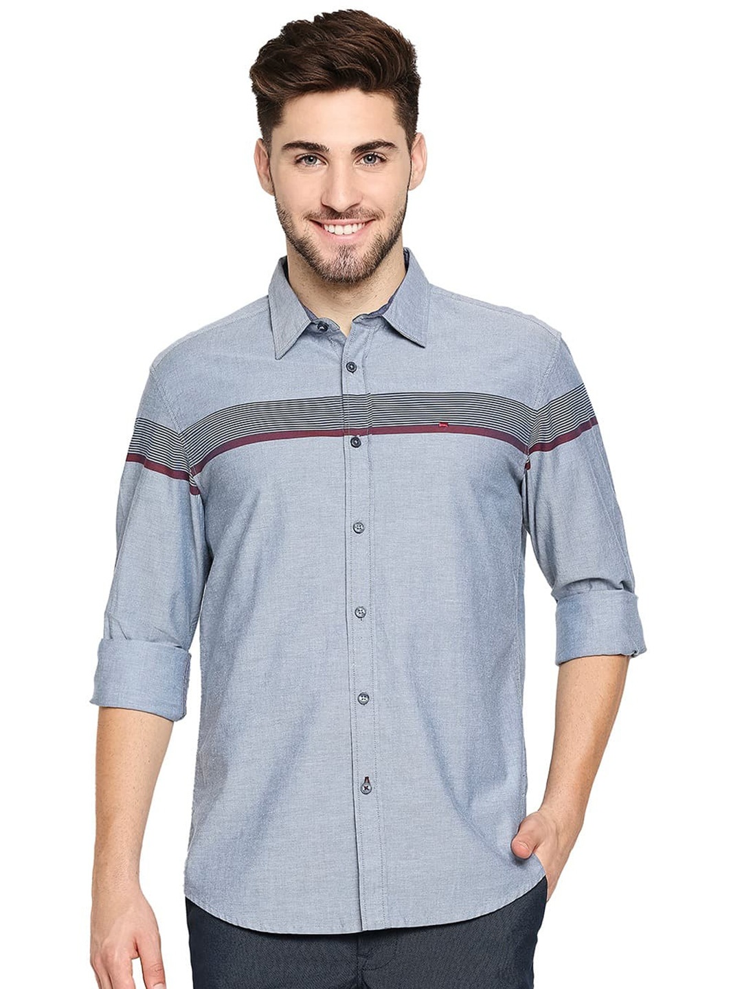 

Basics Spread Collar Horizontal Stripe Slim Fit Opaque Casual Shirt, Blue