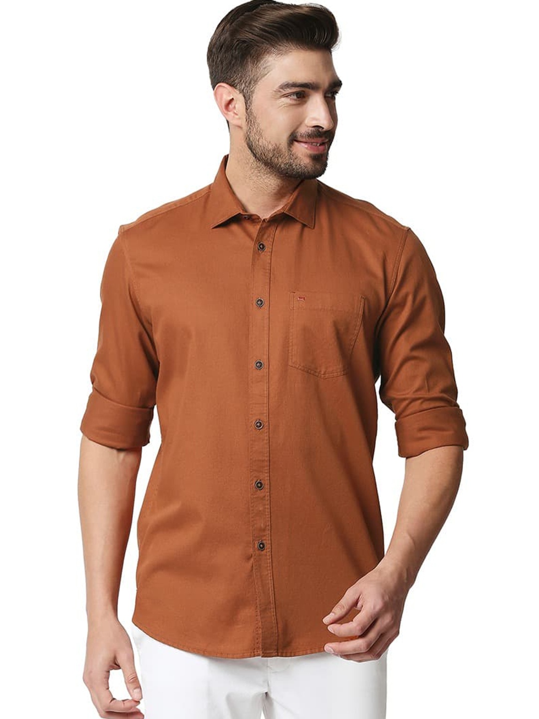 

Basics Spread Collar Slim Fit Opaque Casual Shirt, Orange