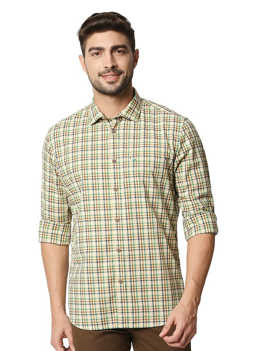 

Basics Slim Fit Cotton Opaque Checked Casual Shirt, Beige