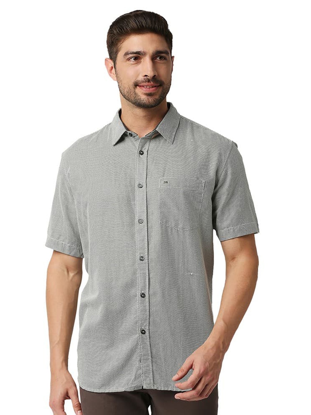 

Basics Slim Fit Printed Cotton Casual Shirt, Olive