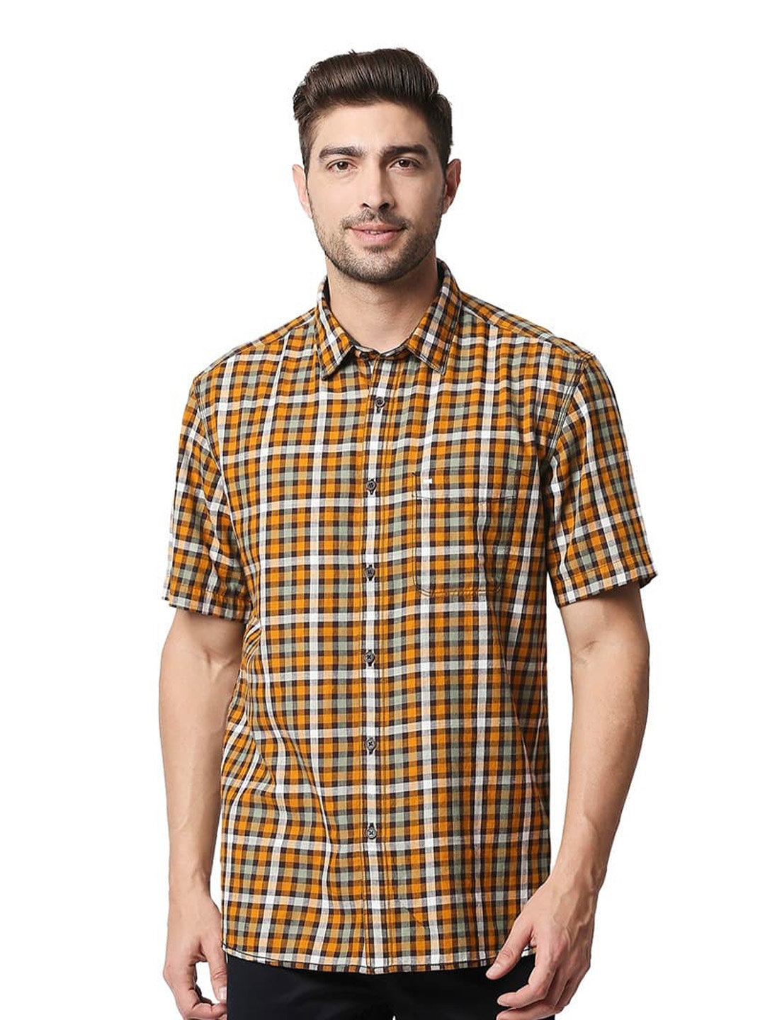 

Basics Slim Fit Opaque Tartan Checked Cotton Casual Shirt, Yellow
